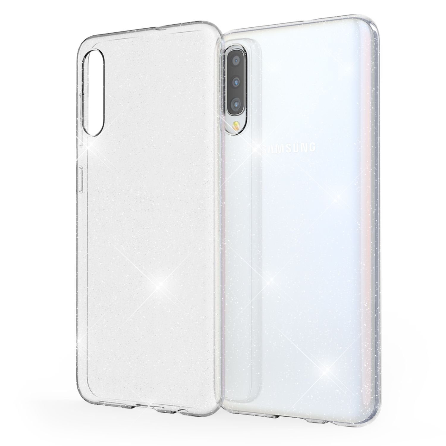Nalia Smartphone-Hülle Samsung Galaxy A50 16,3 cm (6,4 Zoll), Klare Glitzer Hülle / Silikon Transparent / Glitter Cover / Bling Case