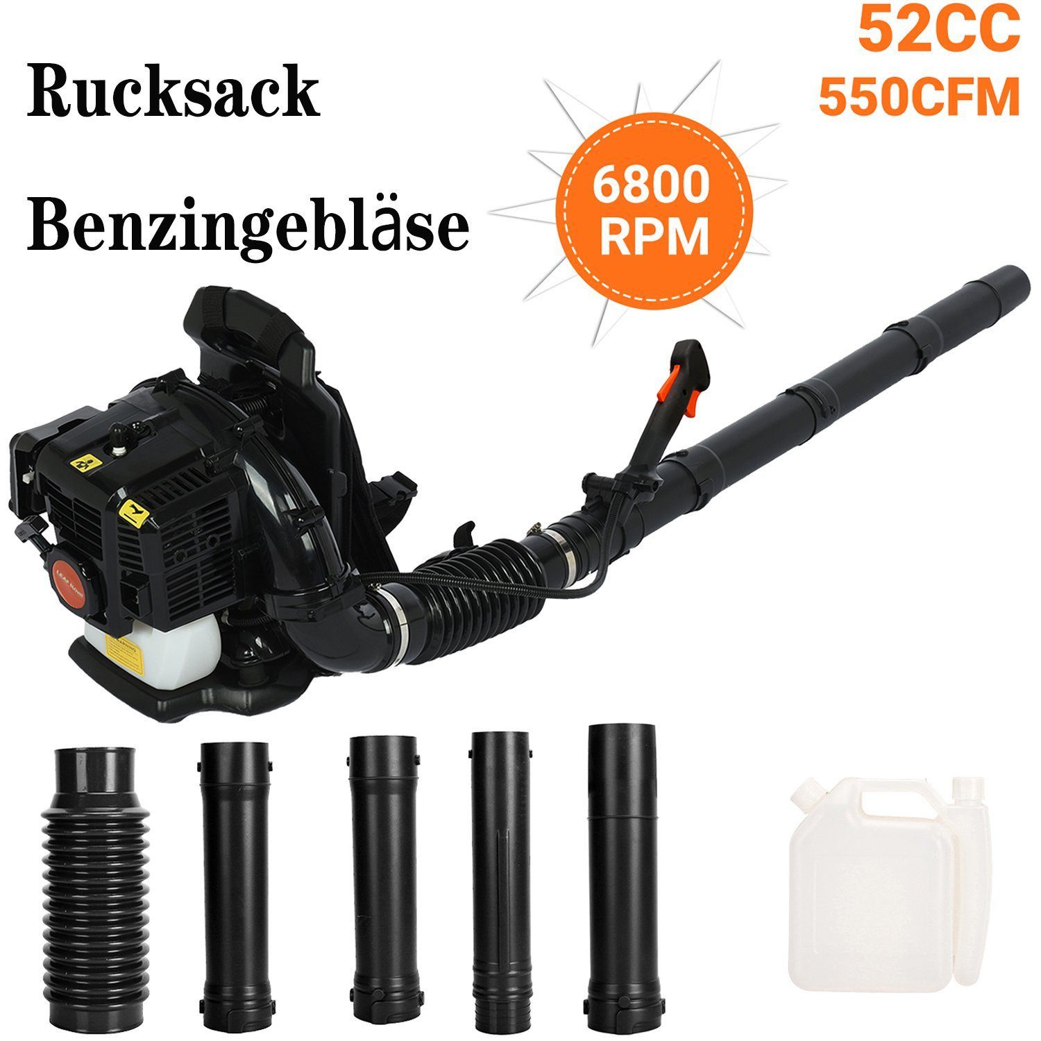 Rutaqian Benzin-Laubsauger 6800RPM 2-Takt Schnurlos Laubbläser Benzinmotor 52cc, Anti-Vibration, (Rucksack Laubbläser), abnehmbare Rohre, Gartengebläse für Rasenpflege und Hofreinigung