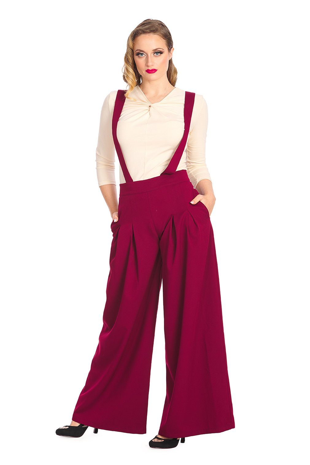 Banned Marlene-Hose Palazzo Diamond Burgunder Vintage Trouser abnehmbare Hosenträger