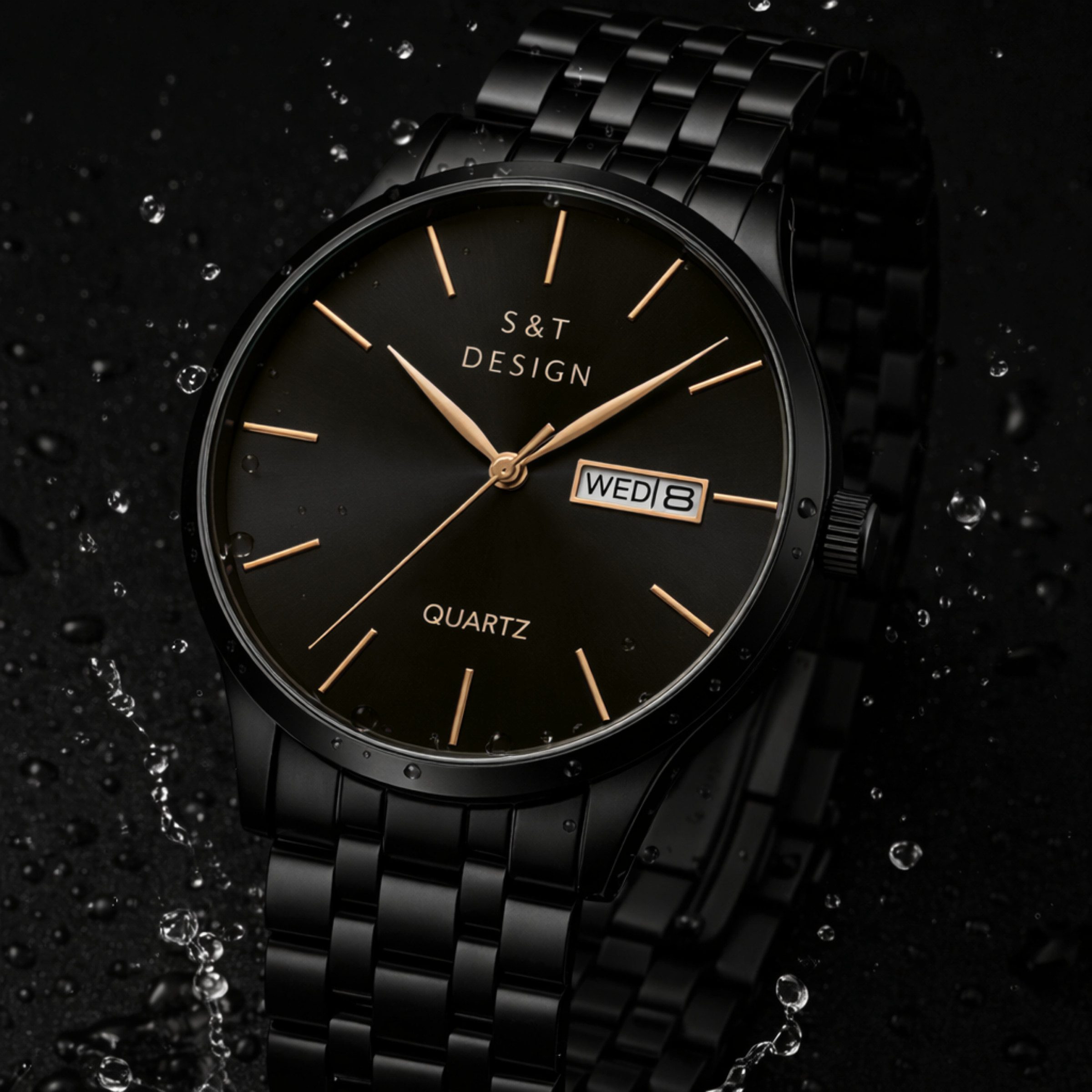 S&T Design Quarzuhr Herren Uhr Edelstahl Armbanduhr Herrenuhr V2, (Packung, inkl. Armbandkürzer & Uhrendose), Verbesserte Version Männer Uhr Schwarz Datum Wasse – Bild 5 von 5