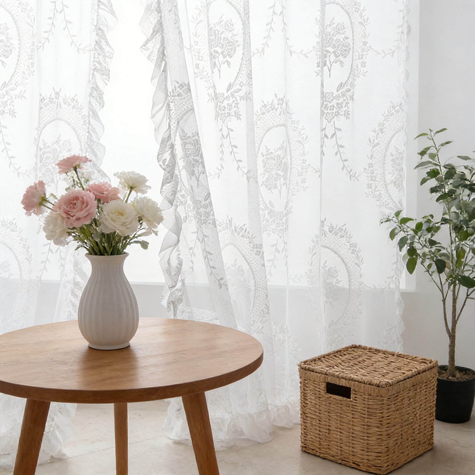 Sunicol Vorhang 2 Stück Französische Spitzenvorhang Durchlässig Gardinen, Vintage-Fensterbehandlung für Wohnzimmer Schlafzimmer