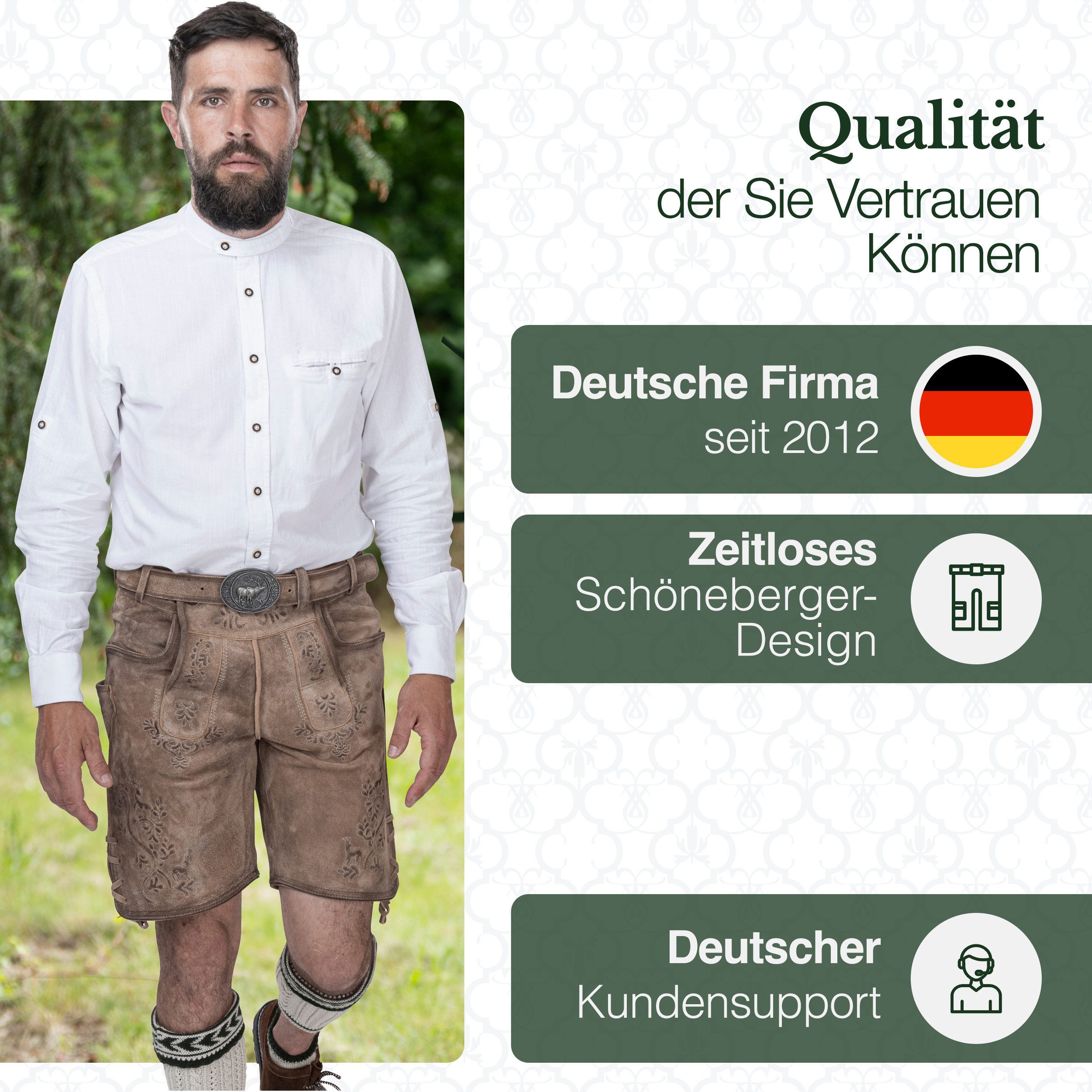 Schöneberger Trachten Couture Trachtenlederhose Lederhose Herren kurz mit Trachtengürtel für Oktoberfest - Wildbock Stickereien, echtes Nubukleder, inkl. Trachtengürtel
