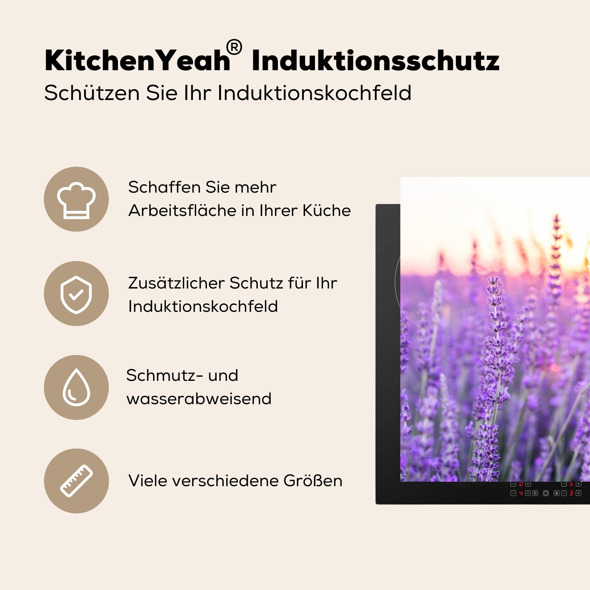 MuchoWow Herdblende-/Abdeckplatte Lavendel - Nahaufnahme Induktionskochfeld die für Ceranfeldabdeckung 81x52 Vinyl, - Blumen, (1 cm, - Lila küche, Schutz tlg)