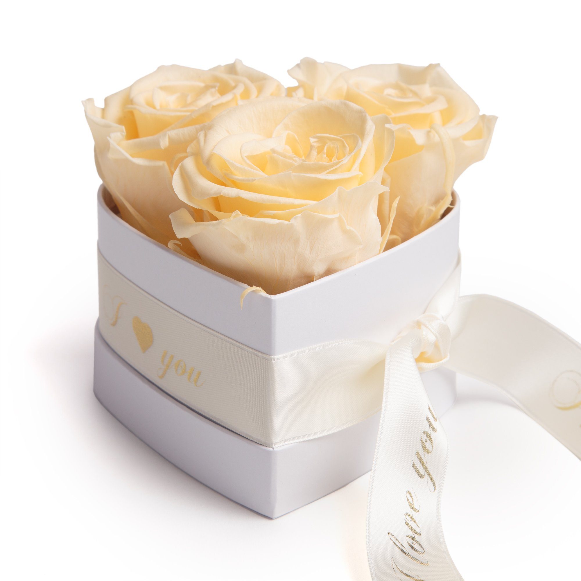 Kunstblume Rosenbox Herz 3 konservierte Infinity Rosen in Box I Love You Rose, ROSEMARIE SCHULZ Heidelberg, Höhe 8.5 cm, Valentinstag Geschenk für Sie Champagner