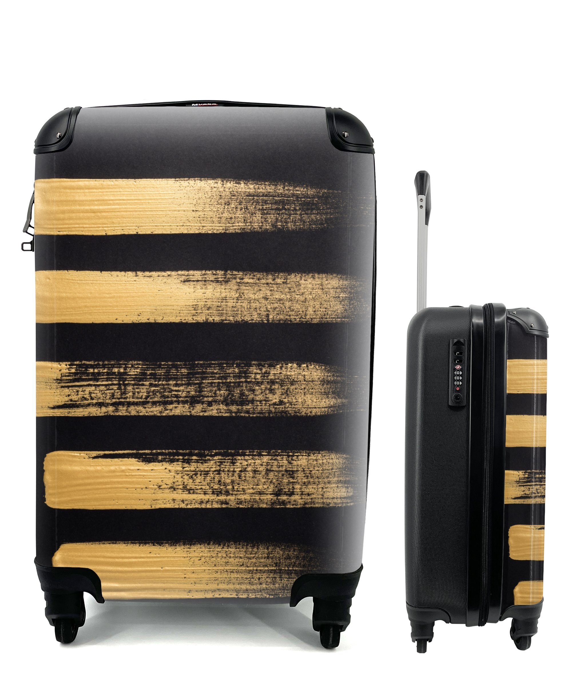 MuchoWow Handgepäckkoffer Muster aus goldener Farbe auf schwarzem Hintergrund, 4 Rollen, Reisetasche mit rollen, Handgepäck für Ferien, Trolley, Reisekoffer