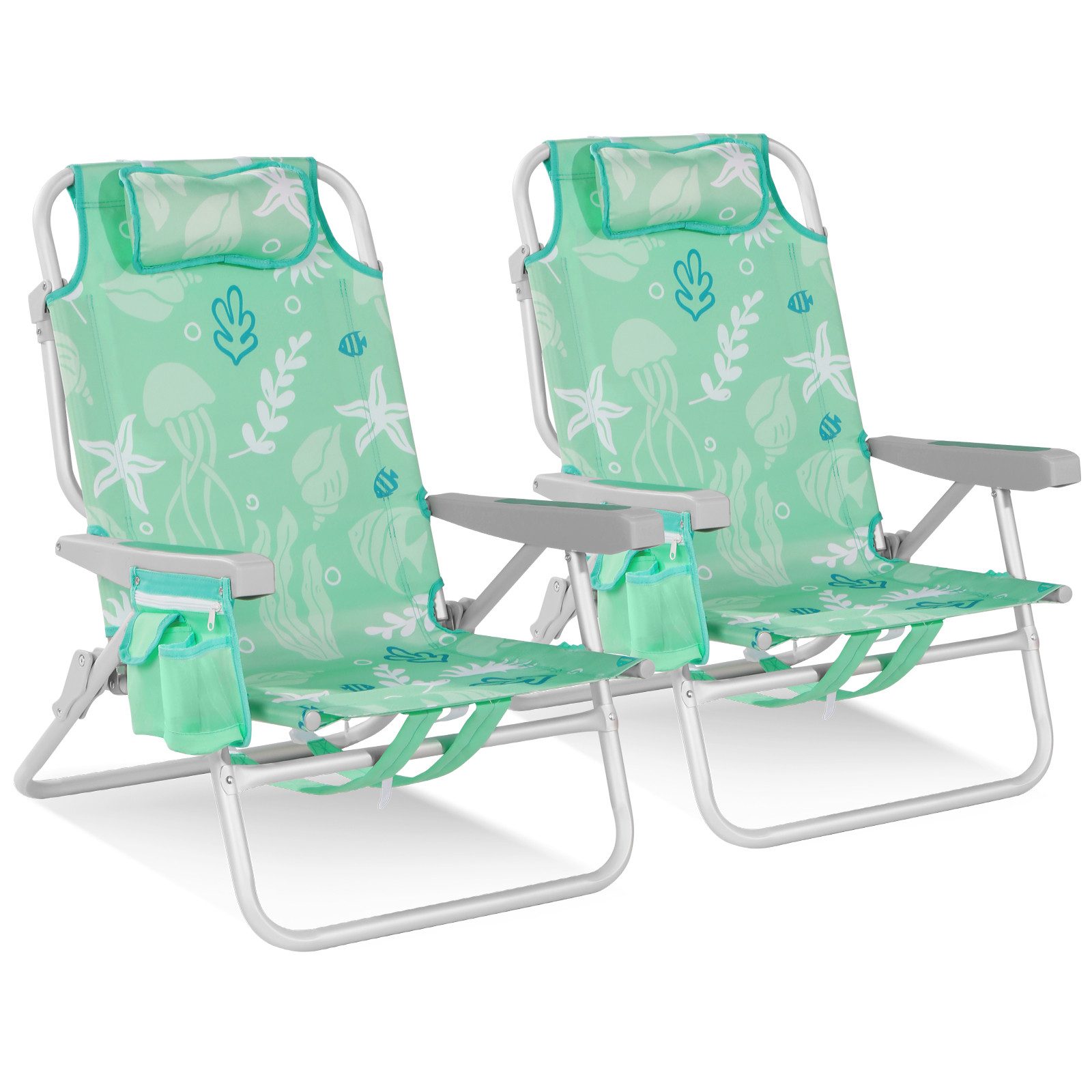 HOMECALL Klappstuhl Strandstuhl Leicht Klappbar Camping, 5-fach verstellbare Rückenlehne (Bis150KG Aluminiumrahmen, groBe Kuhitasche und Aufbewahrungstasche, 2 St), Seitentaschen, Kopfstütze, Schultergurten, Handtuchhalter