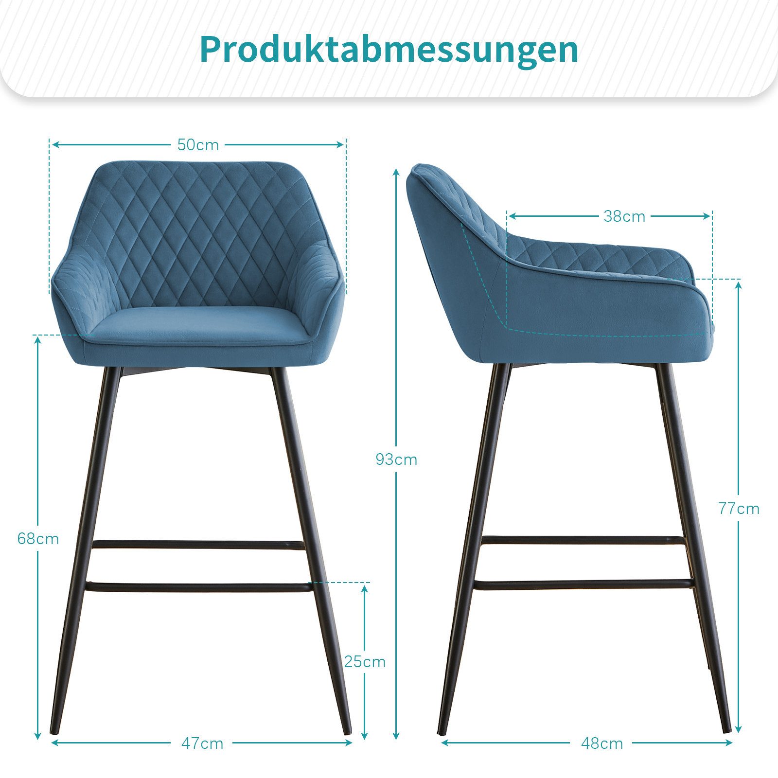 JYMTOM Barhocker Kunstleder Barhocker, 2er-Set, Barstühle mit gepolsterter Sitz, Rücken-/Armlehnen und Metallbeinen für Küche,und Esszimmer.(2,Teal)