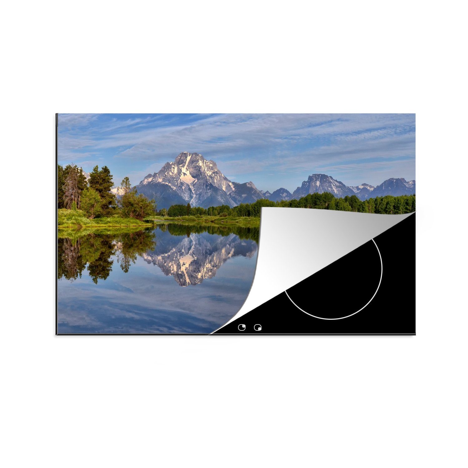 MuchoWow Herdblende-/Abdeckplatte Spiegelung einer grünen Landschaft und der Teton-Berge im Wasser, Vinyl, (1 tlg), 83x51 cm, Ceranfeldabdeckung, Arbeitsplatte für küche
