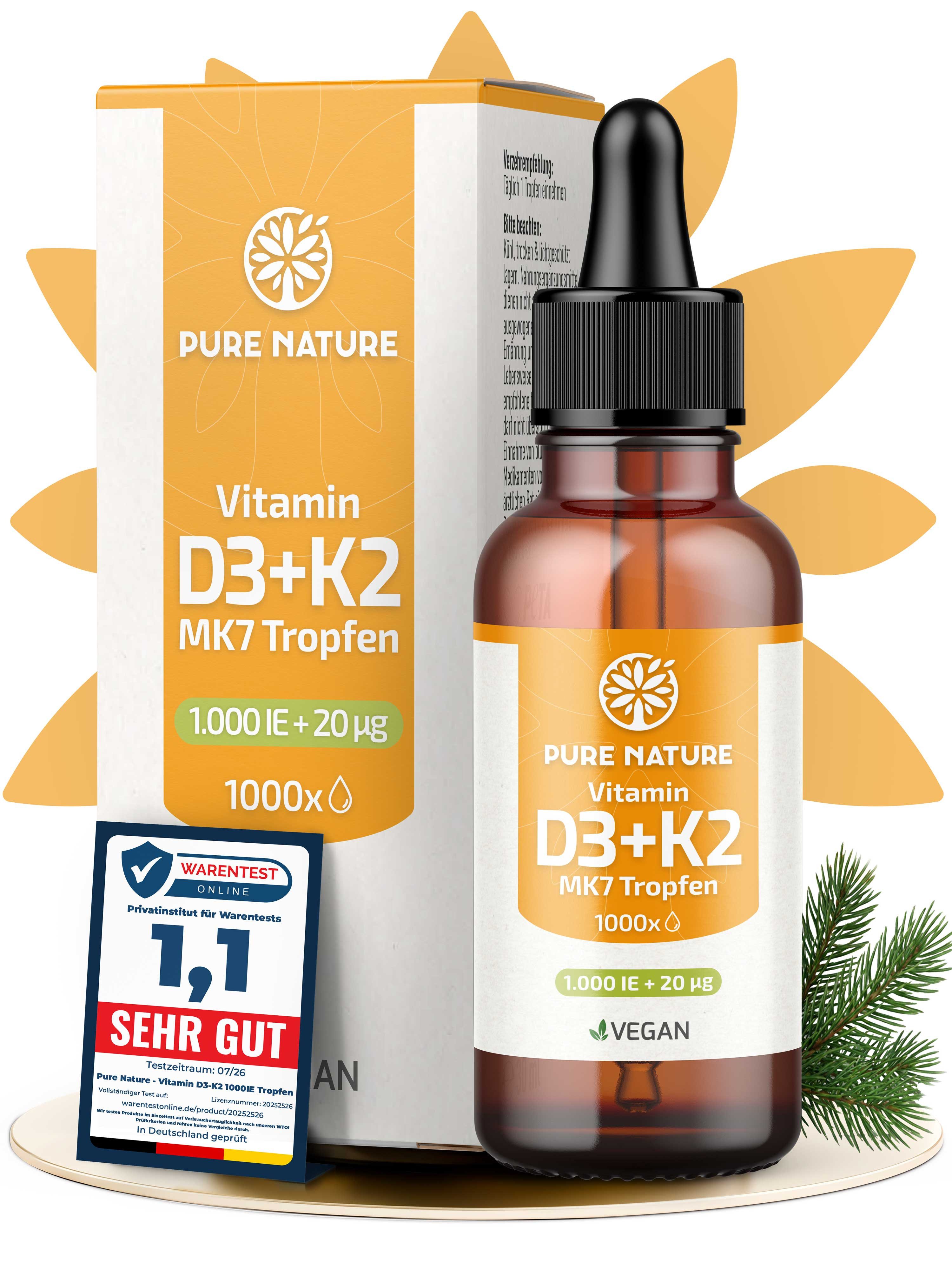 Pure Nature 1000 IE Vitamin D3 K2 Tropfen, Bio-Kokus-MCT C8 Öl >99,8% All Trans Tropfen, 30 ml