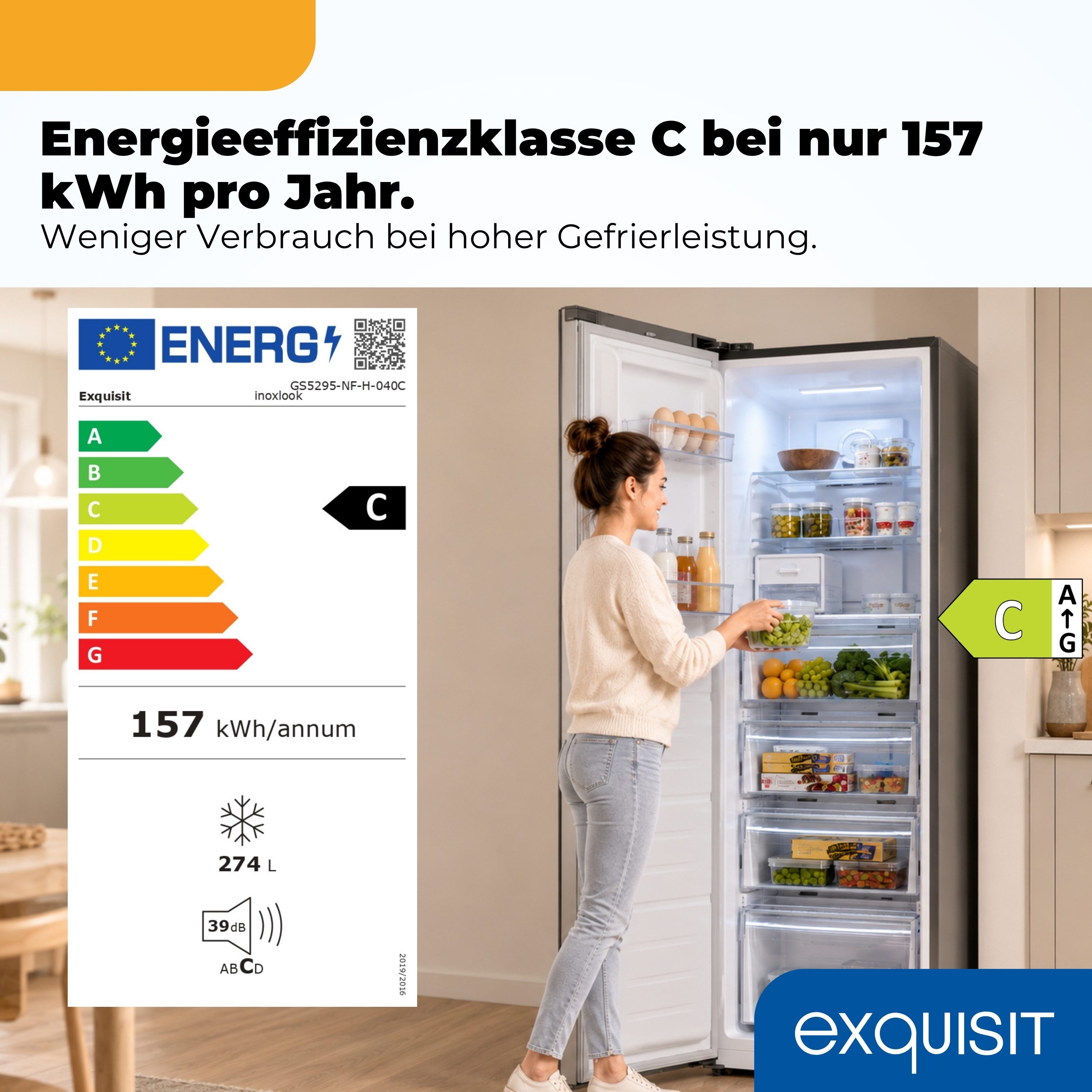 exquisit Gefrierschrank GS5295-NF-H-040C, 185 cm hoch, 60 cm breit, 274 l Nutzinhalt, 17,0 kg, 3 Gefrierschubladen, Energieklasse C