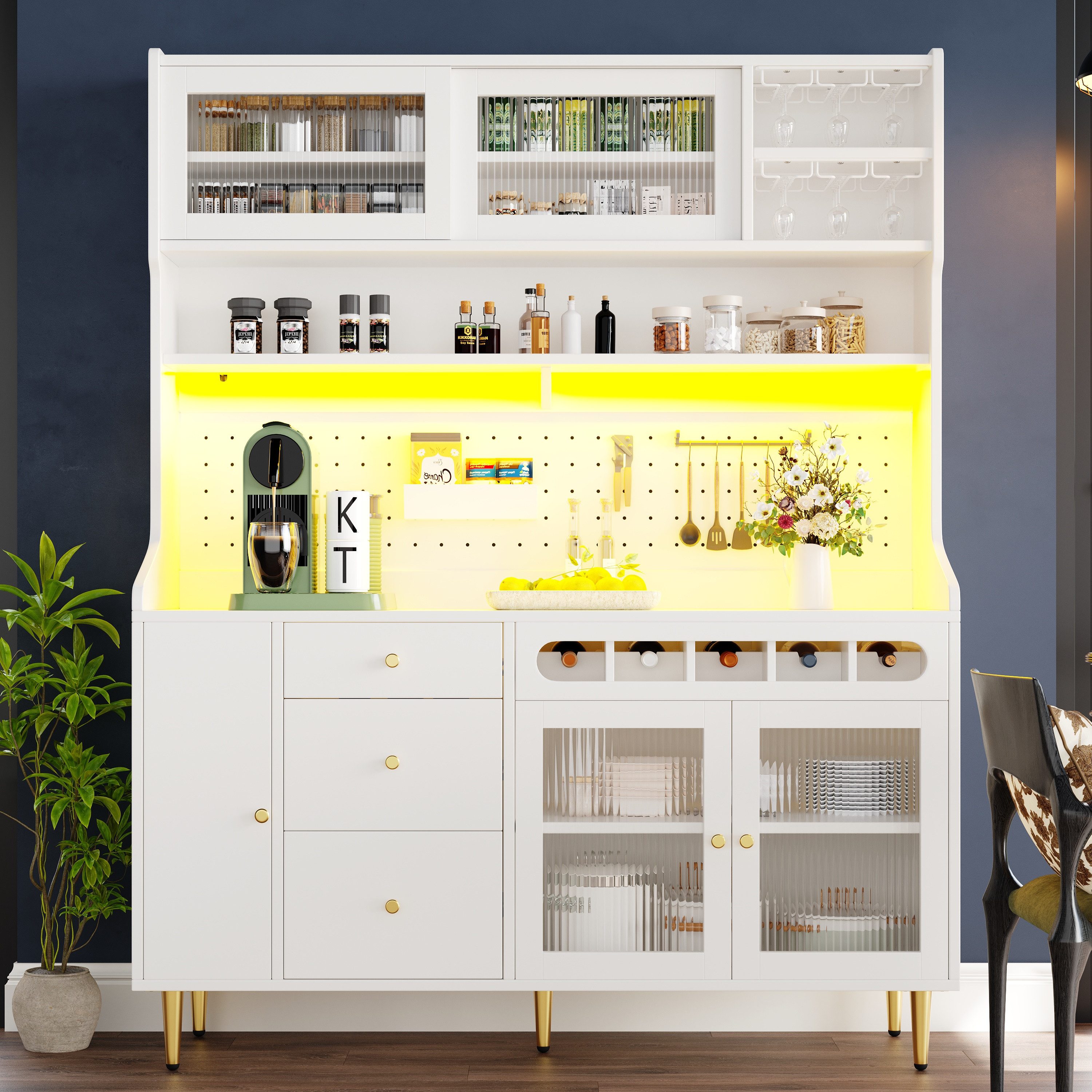 Flieks Küchenbuffet mit LED-Beleuchtung, Lochwandregalen, Gläserhalter und günstig online kaufen