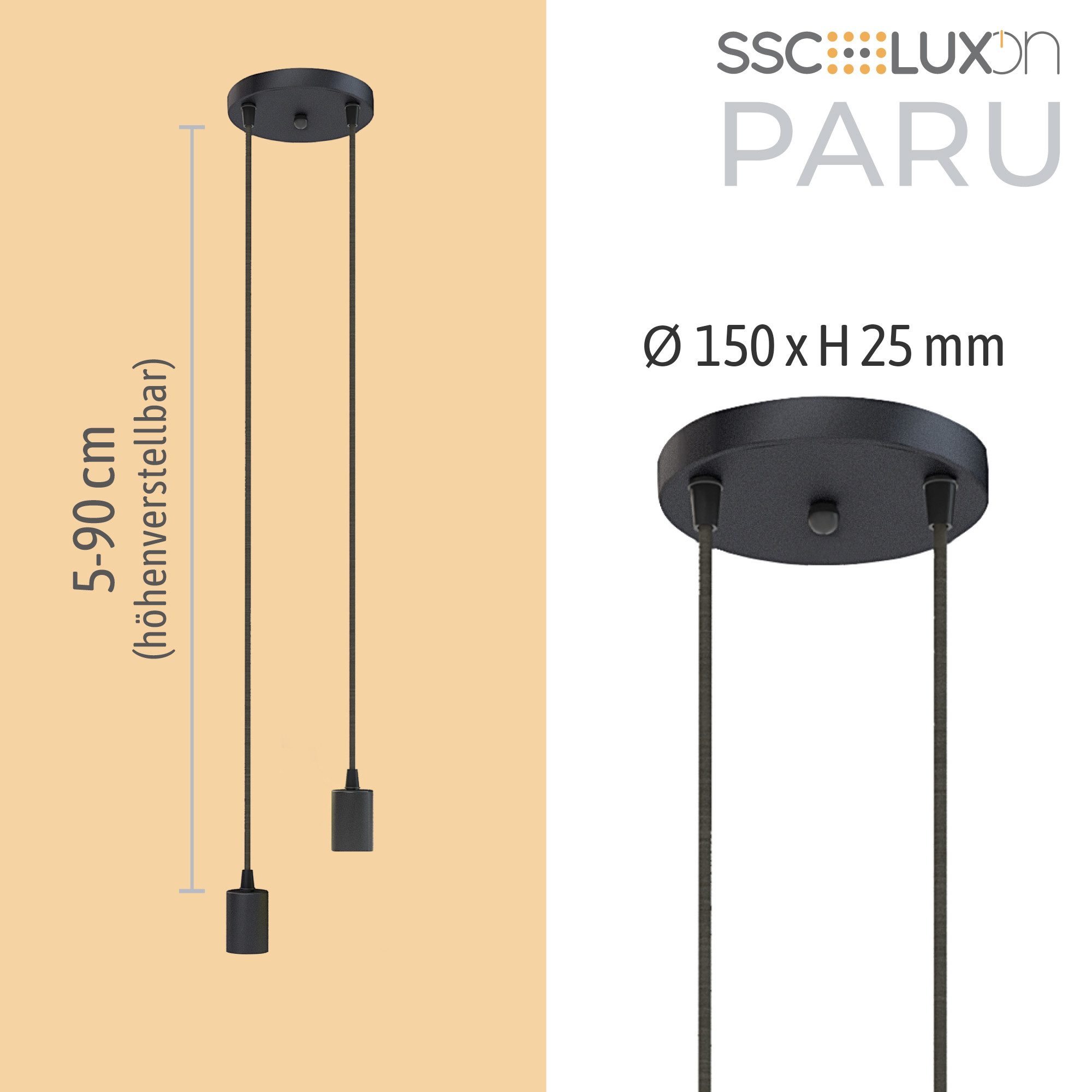 SSC-LUXon LED-Hängeleuchte PARU Pendelleuchte 2-flammig schwarz Textilkabel E27 Fassung – Bild 5 von 5