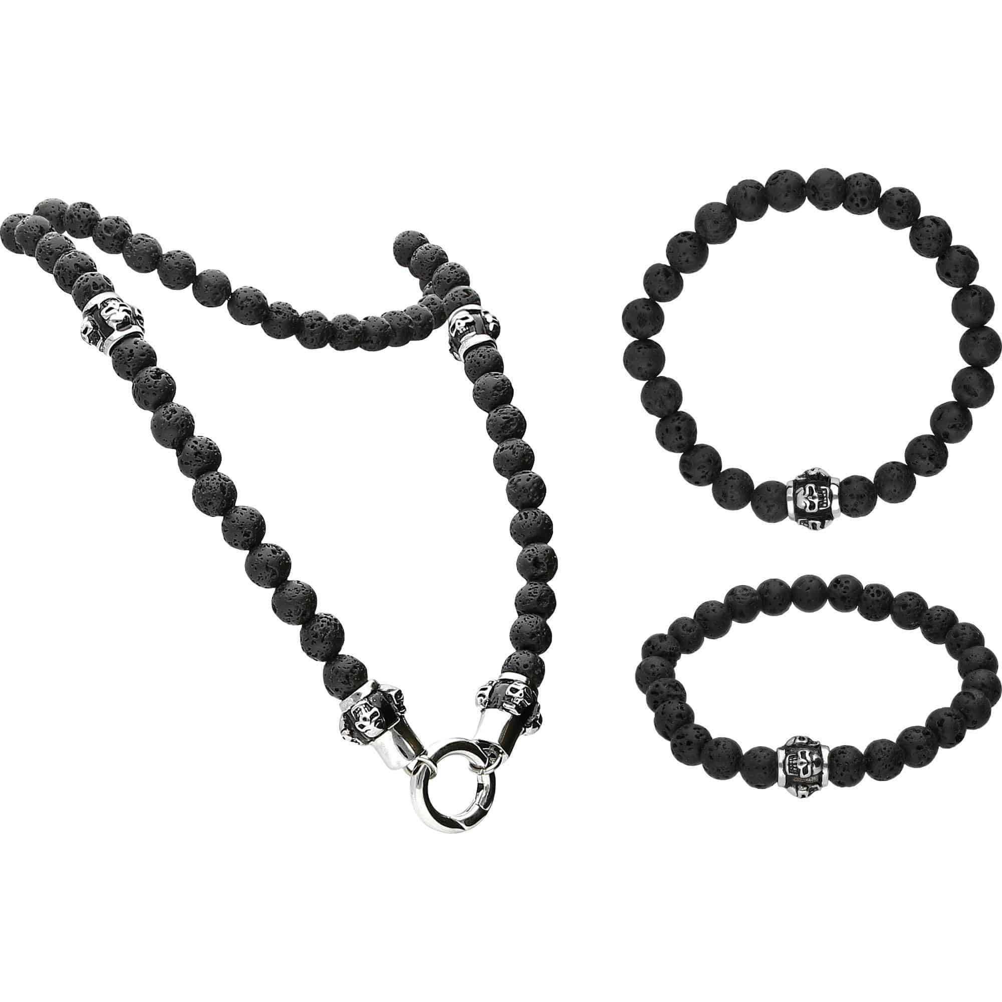 Gliederkette SET Lavastein Kugelkette + Kugelarmband TOTENKÖPFE