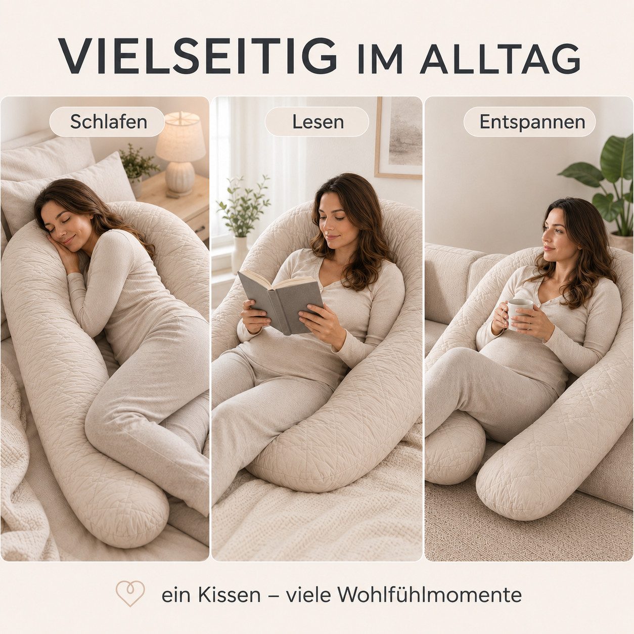 SEI Design Stillkissen Seitenschläferkissen Bodypillow Beige - Körperkissen, Schwangerschaftskissen mit Bezug, 1-tlg., gesteppt mit 2 Reißverschlüssen – Bild 4 von 5