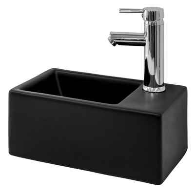 LuxeBath Waschbecken Aufsatzwaschbecken aus Keramik für Badezimmer/Gäste-WC, Handwaschbecken Eckig 35,5x20,5x12,5 cm Schwarz
