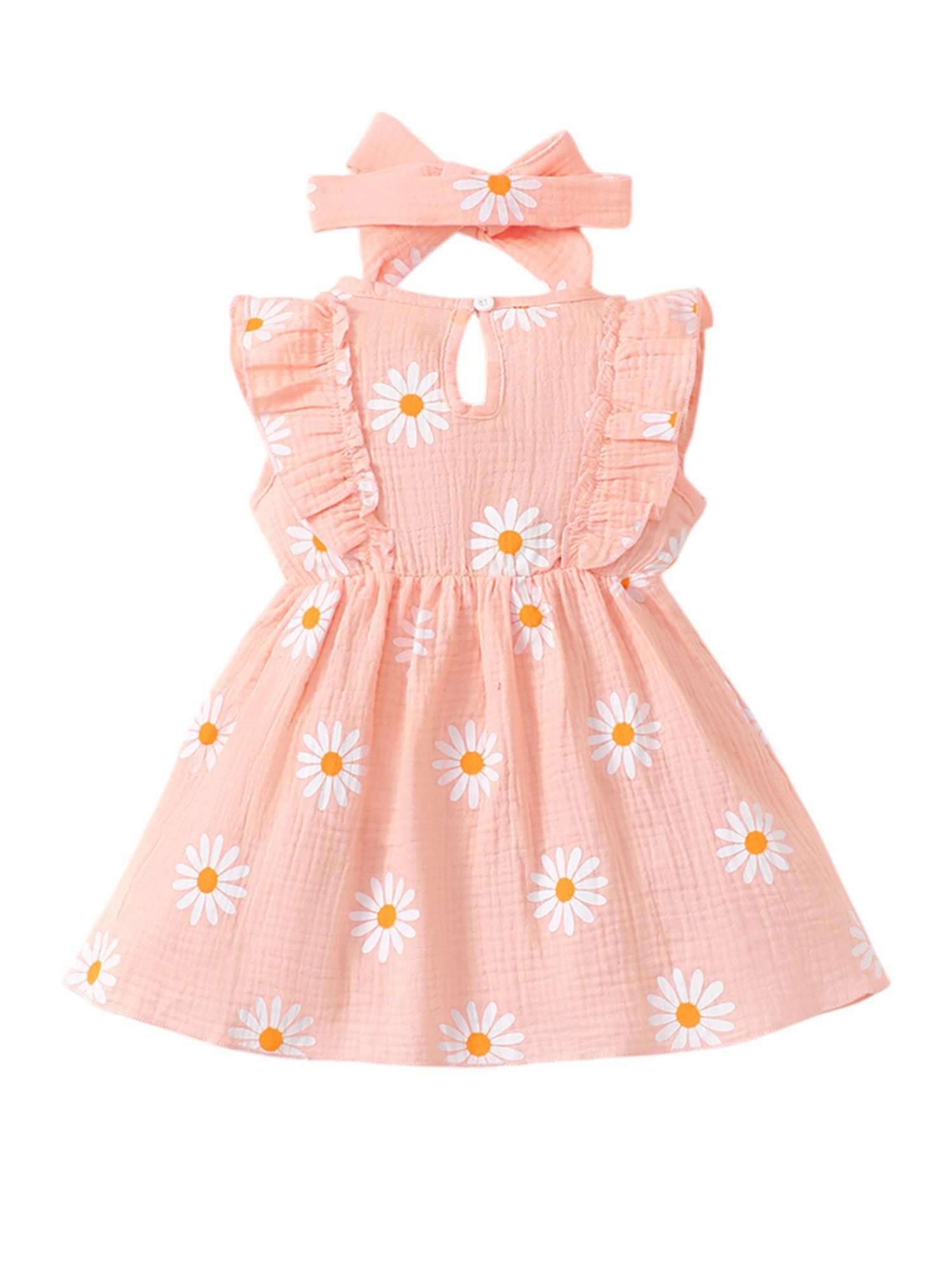 Lapastyle A-Linien-Kleid Ärmellos Baby-Sommerkleid, Strandkleid mit Blumendruck & Stirnband (Set, 2-tlg) Neugeborene Outfit Set, Lässiges Partykleid aus Baumwolle mit Rüschen