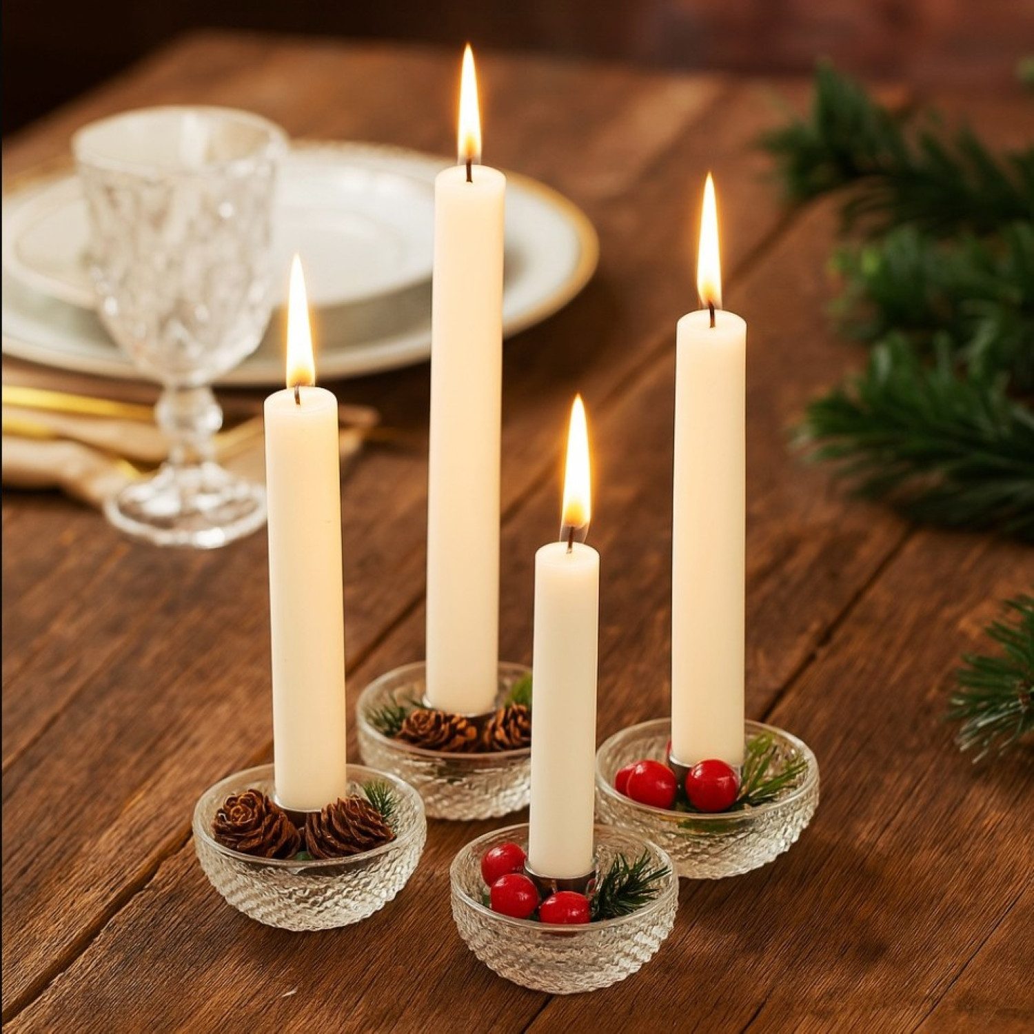 Online-Fuchs Kerzenständer für 4 Stabkerzen - Kerzenhalter rund aus Metall und Glas gefertigt (Silber oder Gold, modern & zeitlos), die kleinen Schalen lassen sich jahreszeitlich dekorieren