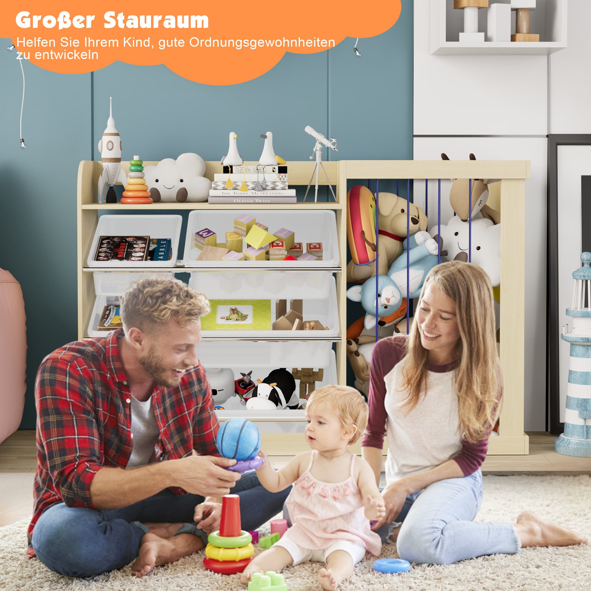 radelldar Spielzeugtruhe 2 in 1 Kinderregal, mit 6 Aufbewahungsbox, 122x34x günstig online kaufen