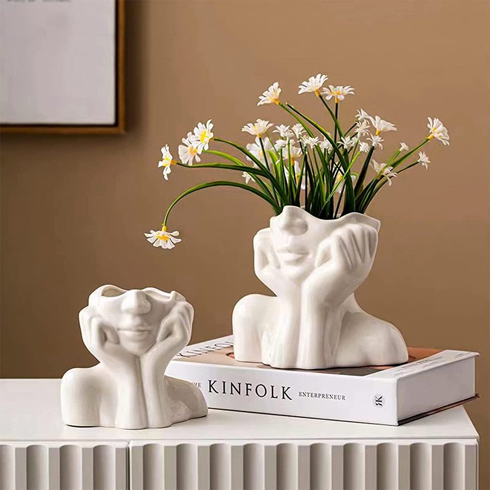 TUWENA Dekovase Keramikvase mit Gesicht, weiße Blumenvasen zur Dekoration – Bild 4 von 5