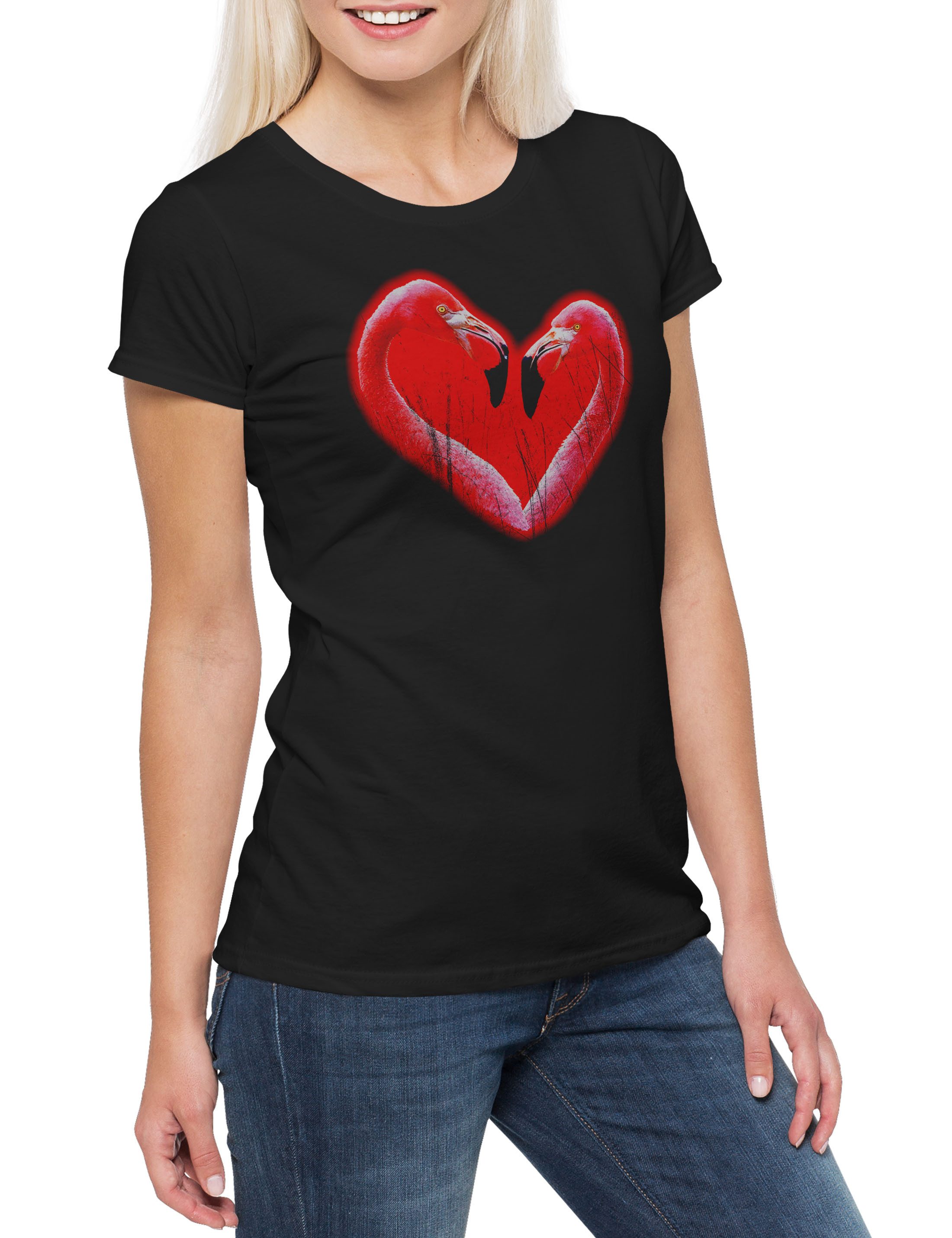 Print-Shirt Flamingo Heart II Damen T-Shirt Herz Heart Flamingo Herz Love Liebe