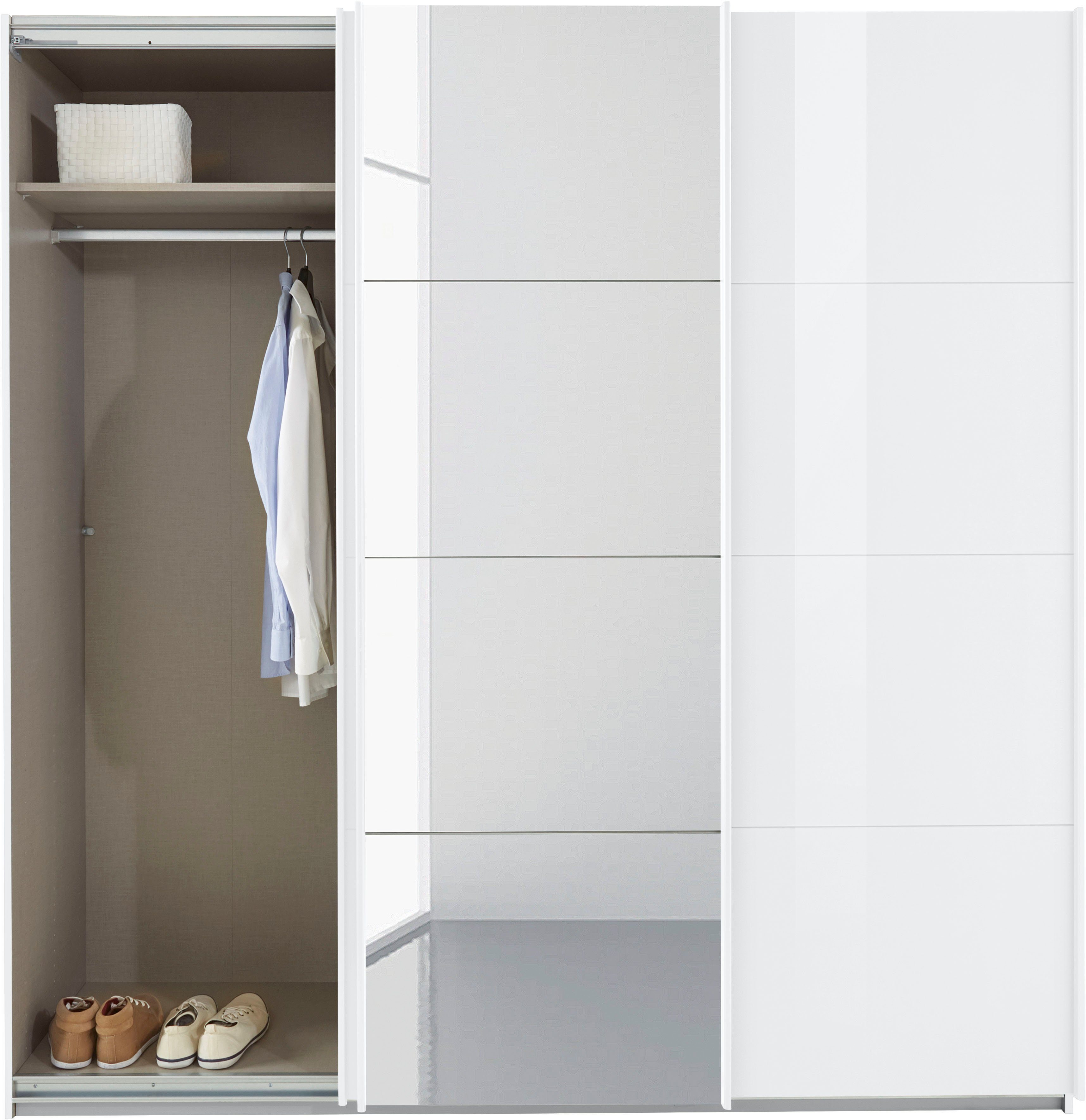 Weiß/Hochglanz Wäscheeinteilung Schwebetürenschrank Oteli Innenschubladen sowie rauch mit Böden inkl. zusätzlichen 3 Weiß