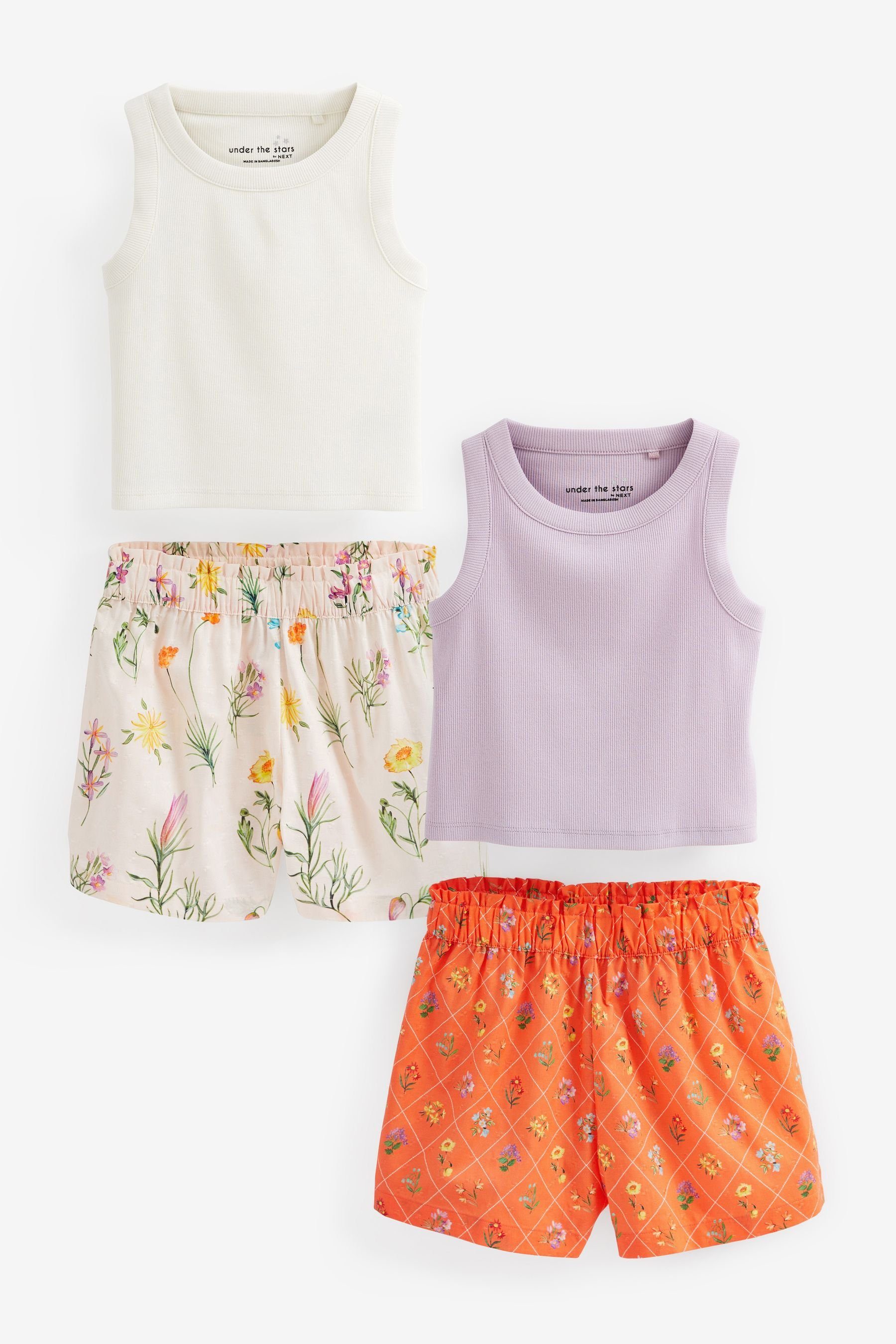 Next Pyjama Schlafanzug mit verkürztem Trägertop und Shorts (4 tlg) Purple/Orange Floral