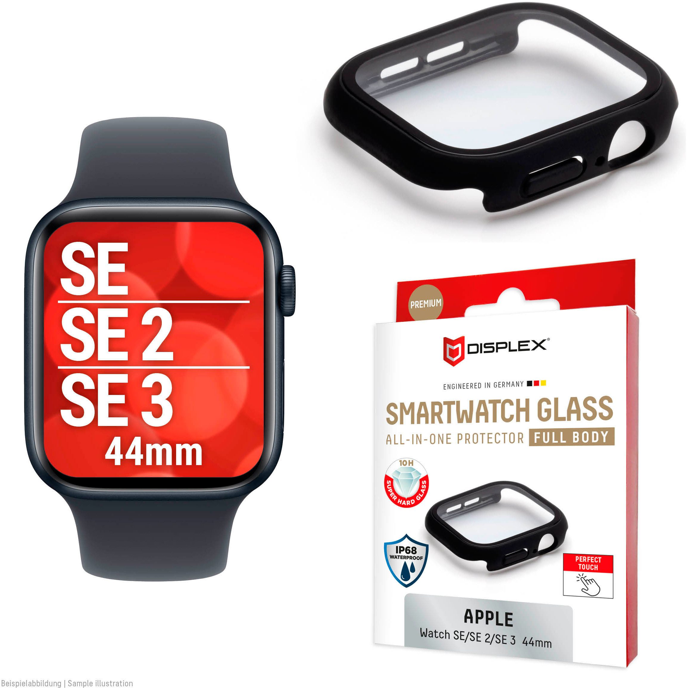 Displex Displayschutzglas Smartwatch Glass All-In-One Protector Full Body für Apple Watch SE 2 44 mm, Apple Watch SE 3 44 mm, Apple Watch SE 44 mm, Displayschutzfolie, Schutzfolie, Bildschirmschutz, kratz- & stoßfest