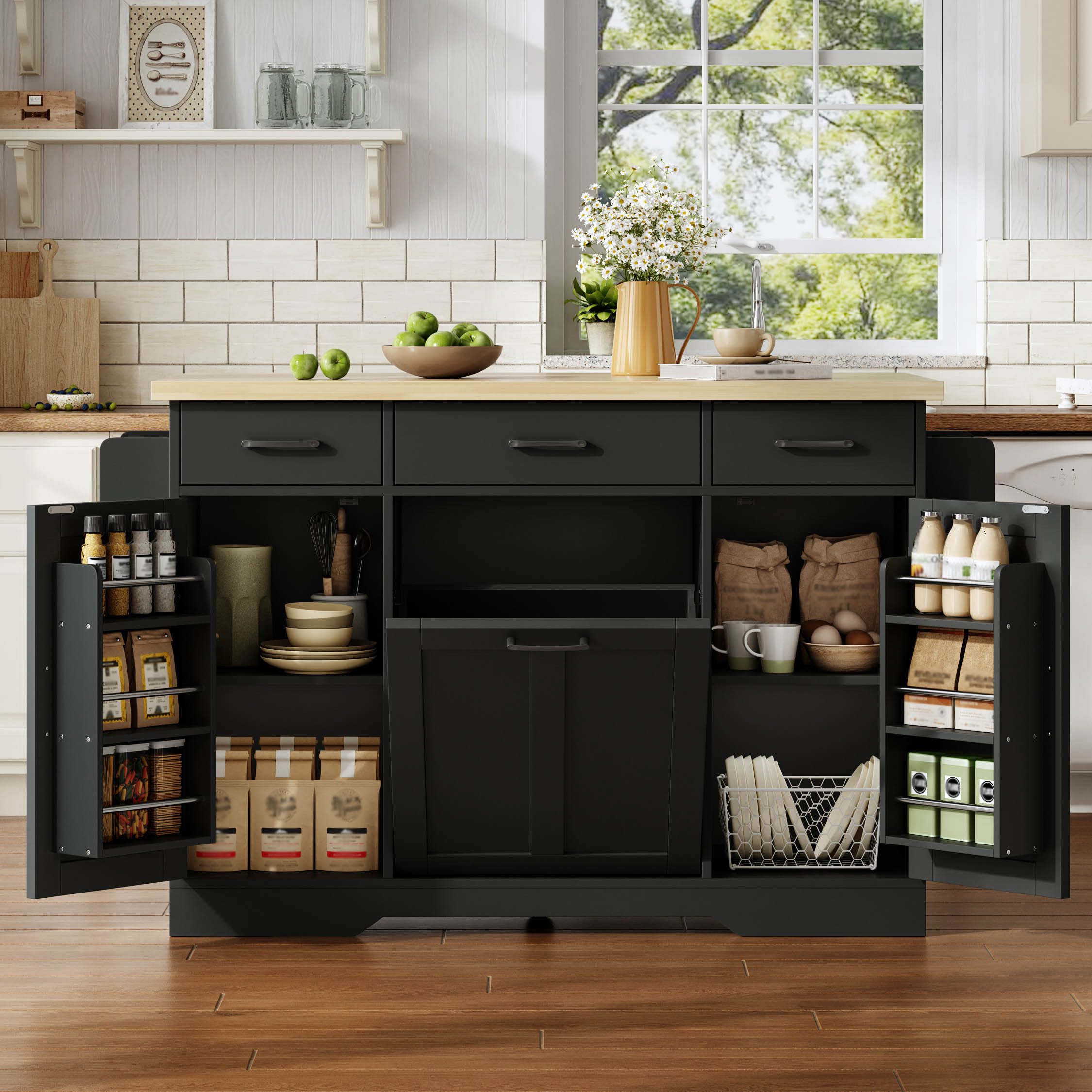 HAUSS SPOLE Kücheninsel mit Schublade & Gewürzregal,Küchenwagen Müllschrank mit Rollen,Schwarz, (Stauraumschrank Küchenwagen mit klappbarer Arbeitsplatte), MDF-Konstruktion,360°-Lenkrollen