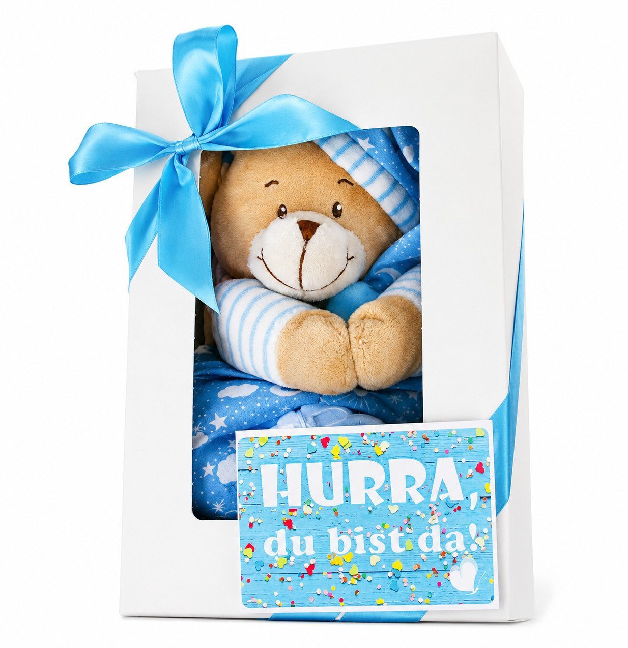 dubistda-WINDELTORTEN- Neugeborenen-Geschenkset Geschenkbox Baby Musikspieluhr BÄR + Grußkarte, Geschenk zur Geburt