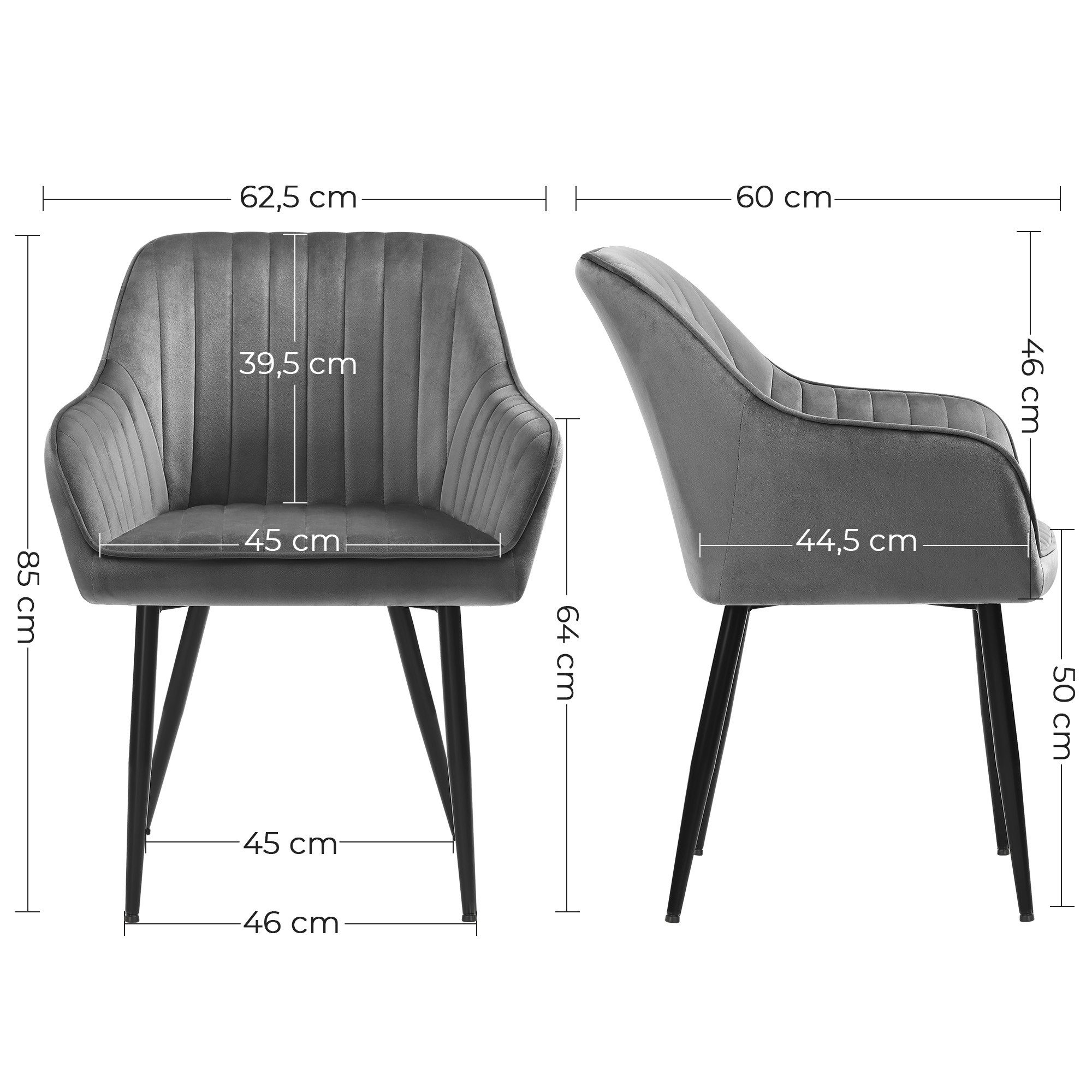 SONGMICS Esszimmerstuhl Küchenstuhl aus Samt, Polsterstuhl mit Armlehnen, Loungesessel (4 St), 4er Set Küchenstuhl, bis 120 kg belastbar – Bild 5 von 5