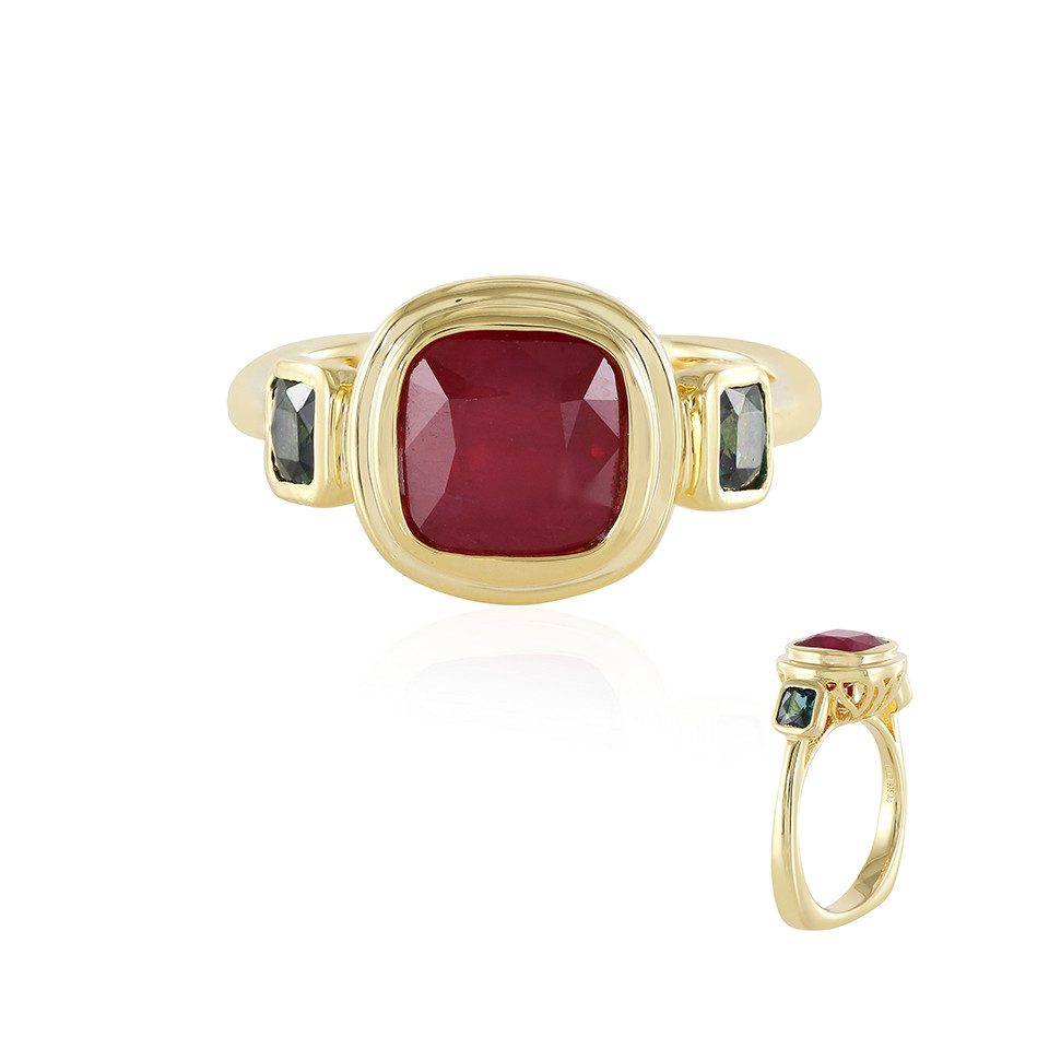 Silberring Madagaskar Bemainty Rubin & Indigolith Goldplattierter Silberring