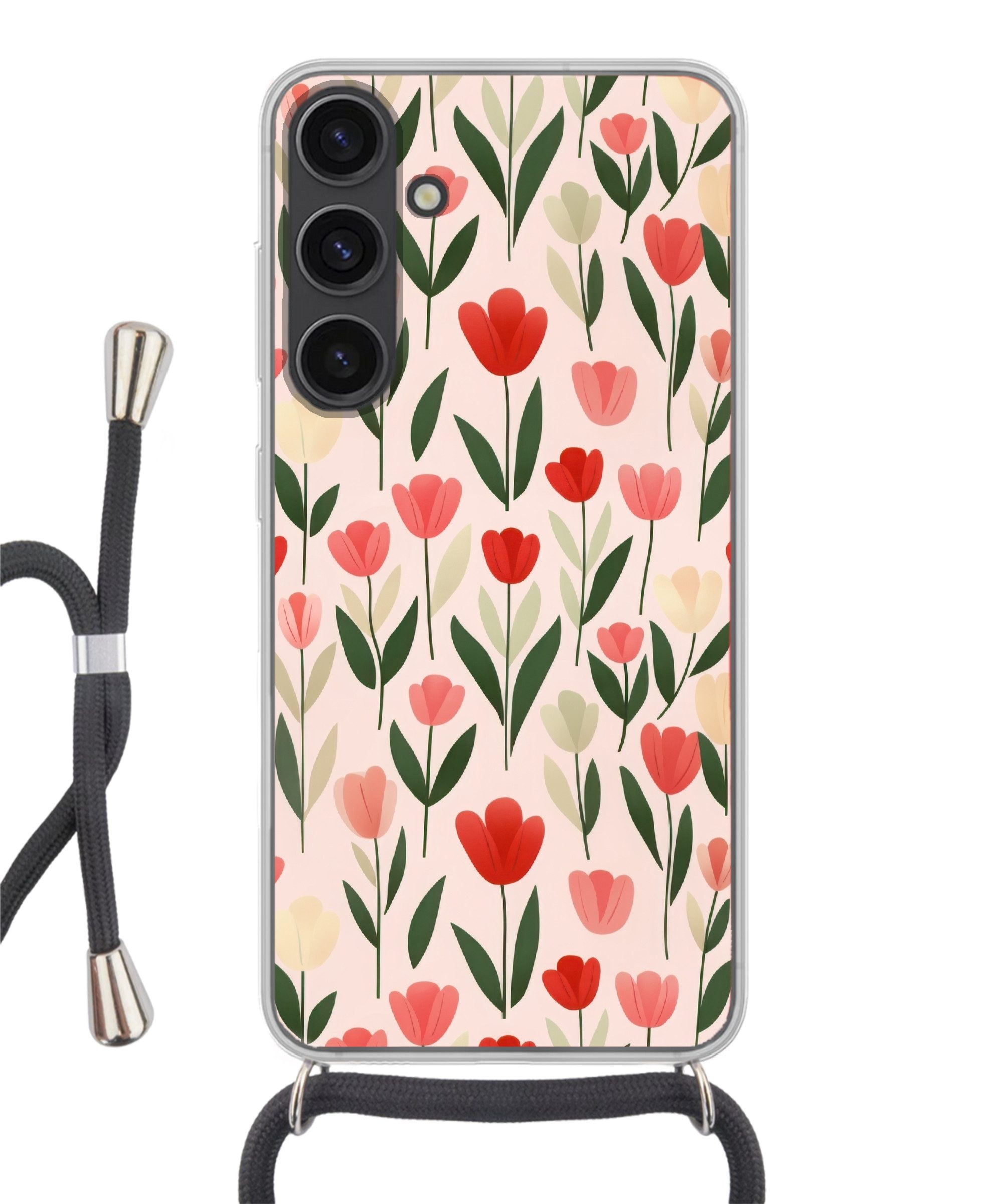 MuchoWow Handyhülle für Samsung Galaxy S24 Plus Tulpen - Modern - Rosa, Tragbare Handyhüllen mit Kette zum umhängen, Handykette Handyband