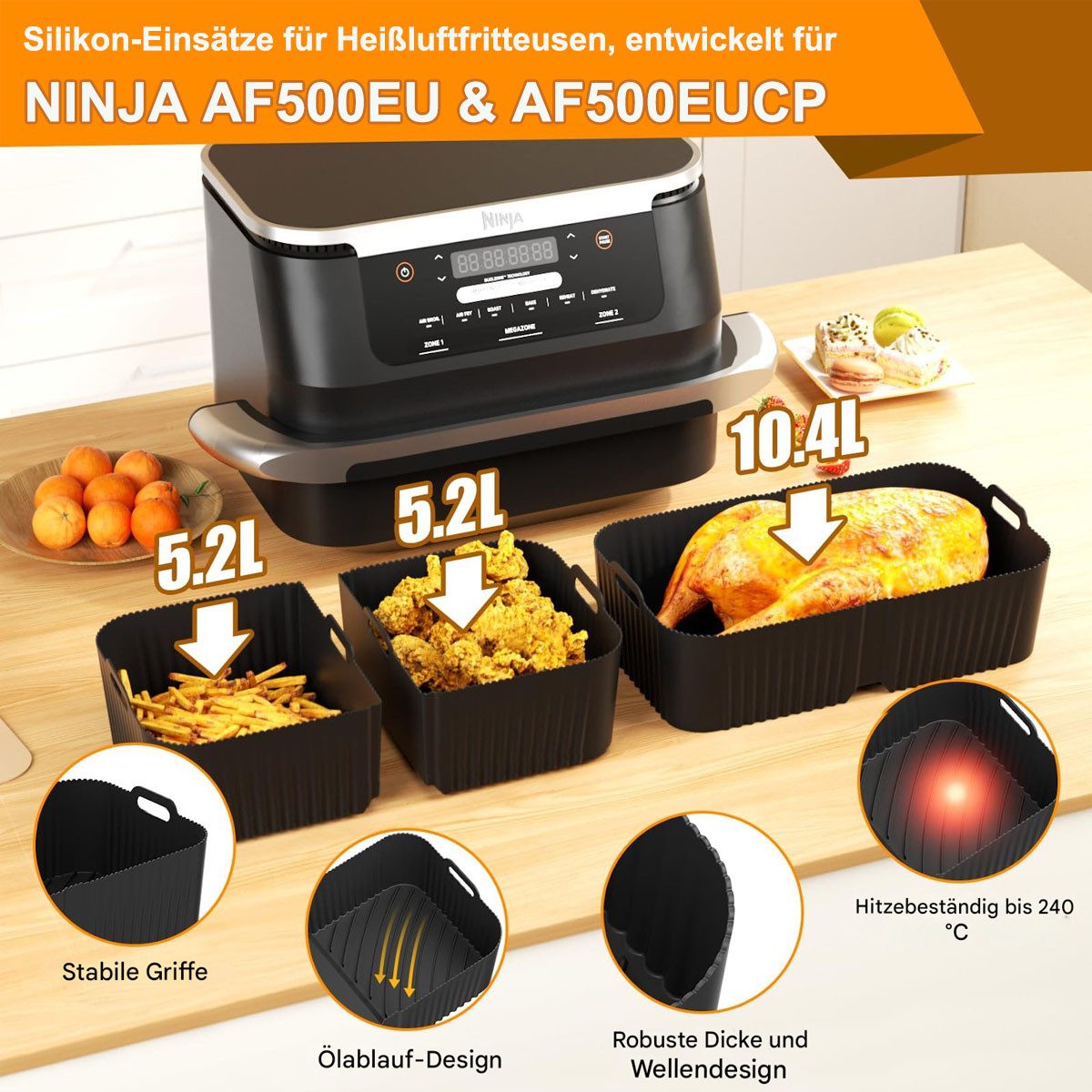 SURFOU Backform Heißluftfritteuse zubehör für Ninja Airfryer AF500EU 15-tlg BPA-frei, (Airfryer Zubehör Set für Ninja Foodi AF500EU& AF500EUCP, ninja foodi flexdrawer 10,4L,COSORI TwinFry 10L – 3 Silikonmatten & 12-teiliges Set, 10,4L, 5,2L, hitzebeständig bis 240 °C, Schnell zubereitet, gesund, fettarm, 304Edelstahl, Lebensmittelechtes Silikon 15-tlg), für Grillgerichte, Brathähnchen, Pommes Frites, Kuchen, Snacks