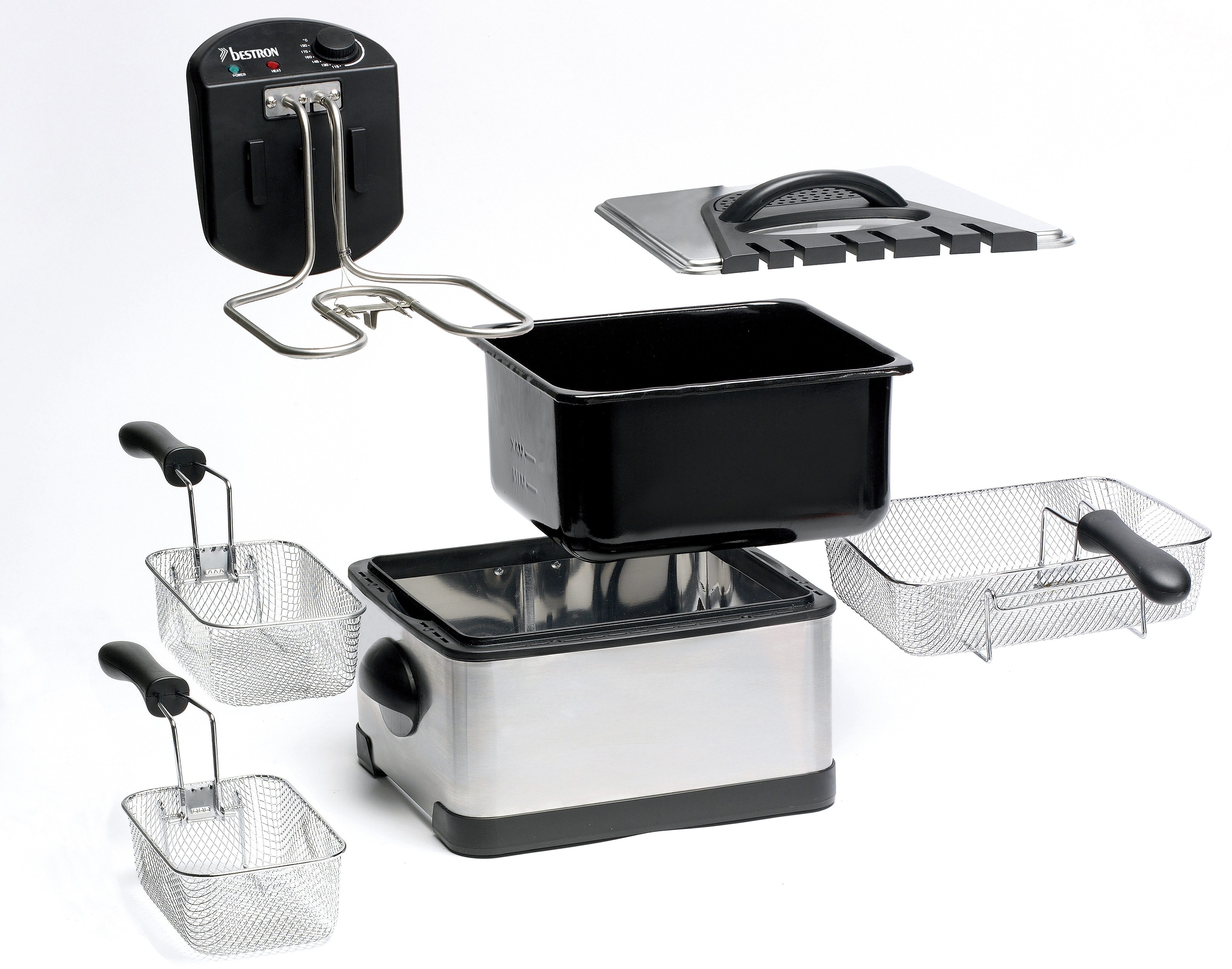 bestron Kaltzonenfritteuse DF402, 2000 W, 4,5 L mit Cool Zone & 3 Körben – Edelstahl, 190°C