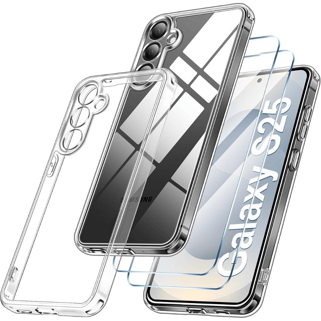 SmartUP Smartphone-Hülle + 2X Schutzglas für Samsung Galaxy S25 5G Panzerfolie Display Case 9H 6,2 Zoll, kompletter Rundumschutz