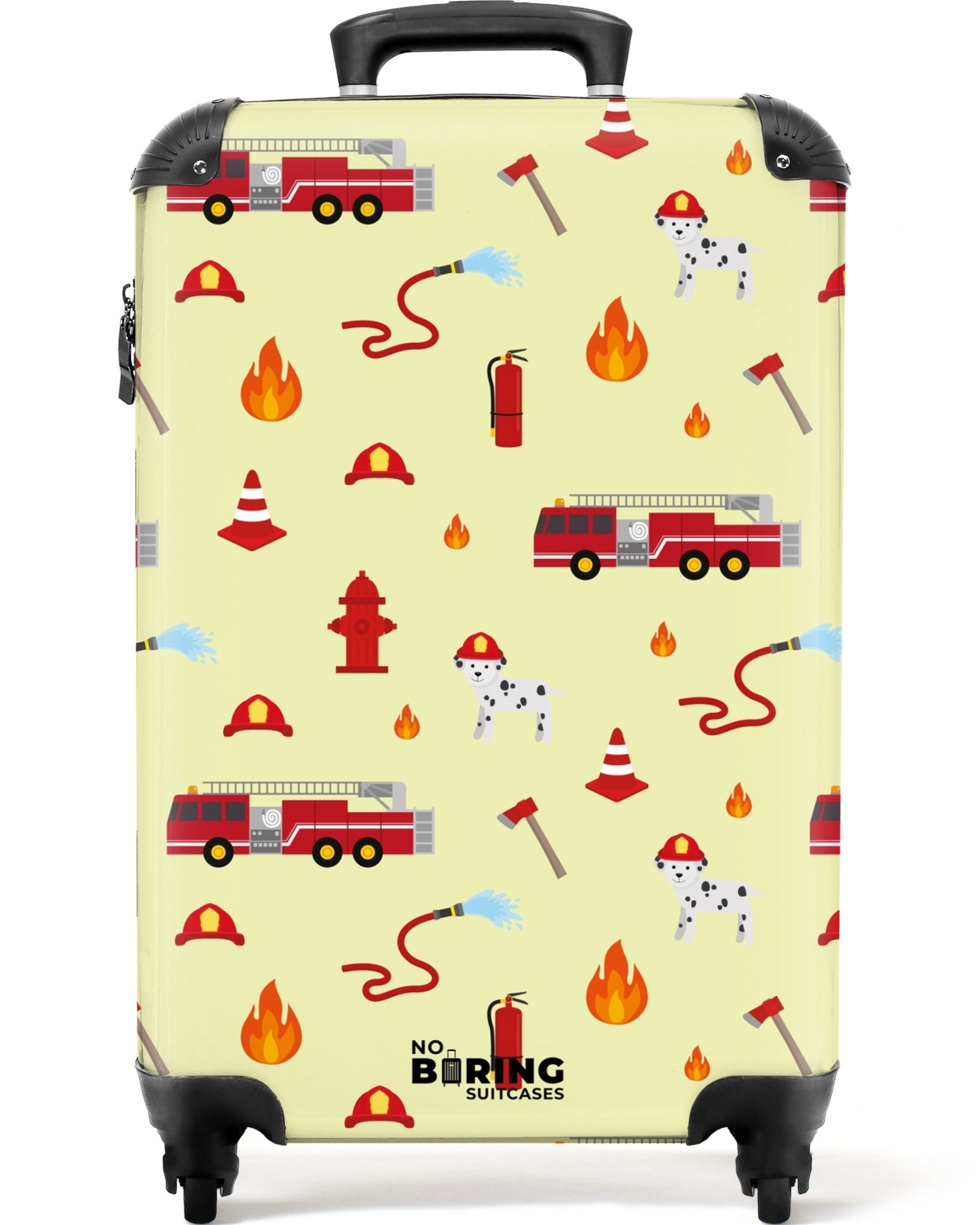 NoBoringSuitcases.com© Kinderkoffer Feuerwehraufstellung mit Fahrzeugen und Flammen 55x35x20cm, 4 Rollen, Kinder Koffer Klein, Trolley Handgepäck, Reisekoffer