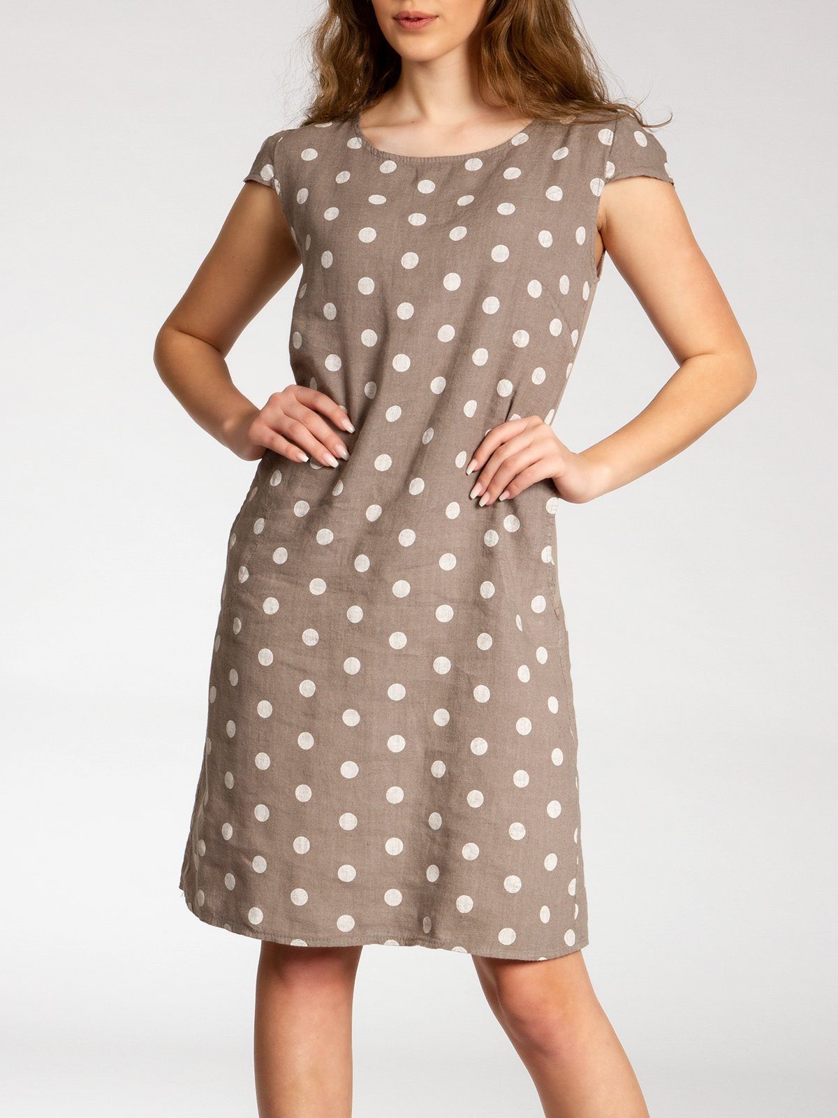 Caspar Sommerkleid SKL024 knielanges Damen Sommer Leinenkleid mit Punkte Print Luftig leicht, figurumspielende Form, mit seitlichem Jersey-Einsatz