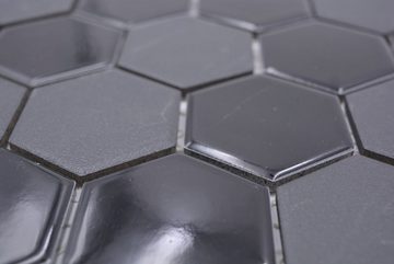 Mosani Bodenfliese Hexagon Keramikmosaik Mosaikfliesen schwarz matt / 10 Mosaikmatten