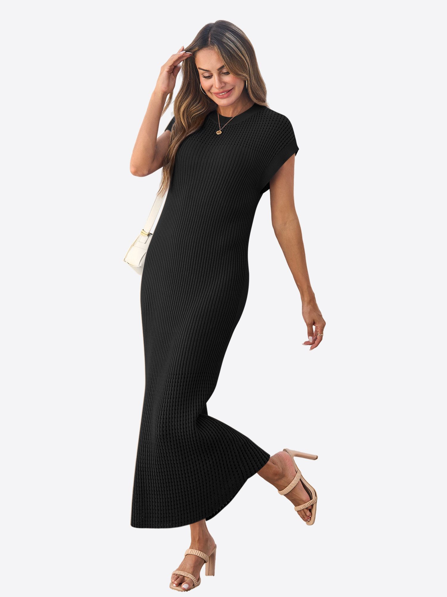 Imily Bela Strickkleid Damen mit Kurzarm und Rundhals Casual (Packung, 1-tlg., 1per-Pack) in Unifarbe mit Lochmustern und Rippstrick – Bild 4 von 5