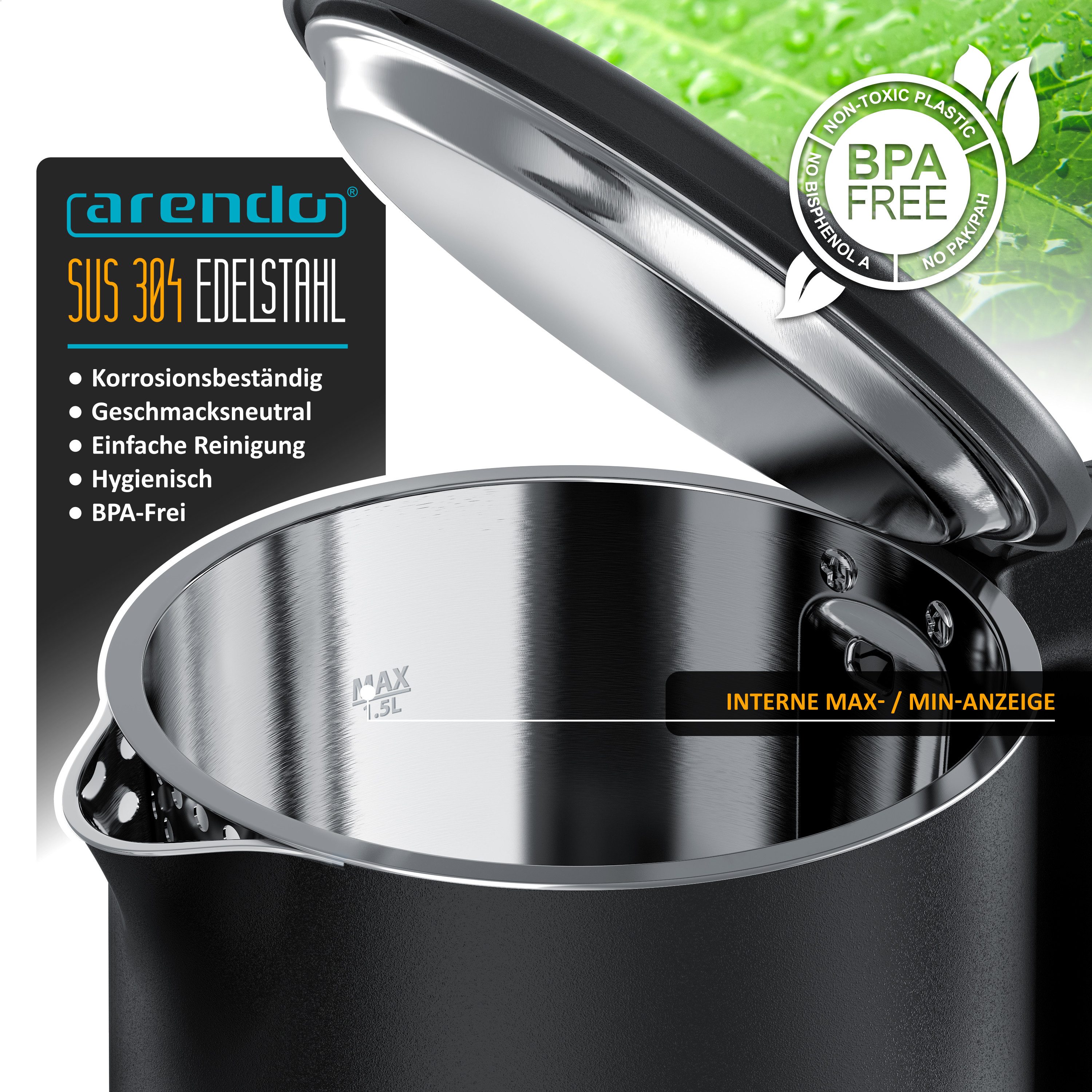 Arendo Wasserkocher aus Edelstahl, Doppelwand-Design, 360° Controller, schwarz matt, 1,5 l, 2000 W, Teekocher, Überhitzungs- und Trockengehschutz, BPA-frei