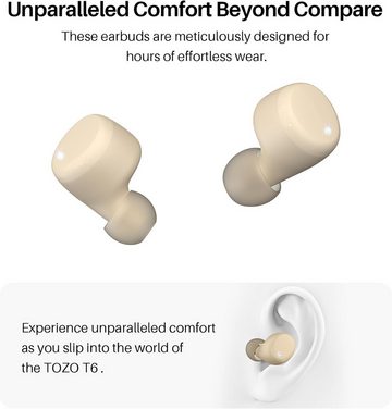 TOZO T6 Mini Bluetooth Kabellos 5,3, Ergonomisches 50 Stdn. Spielzeit In-Ear-Kopfhörer (Ergonomisches Design für langen Tragekomfort bei jeder Aktivität., mit drahrlosem Ladekoffer, APP EQ Anpassbar, IPX8 Wasserdicht Neu)