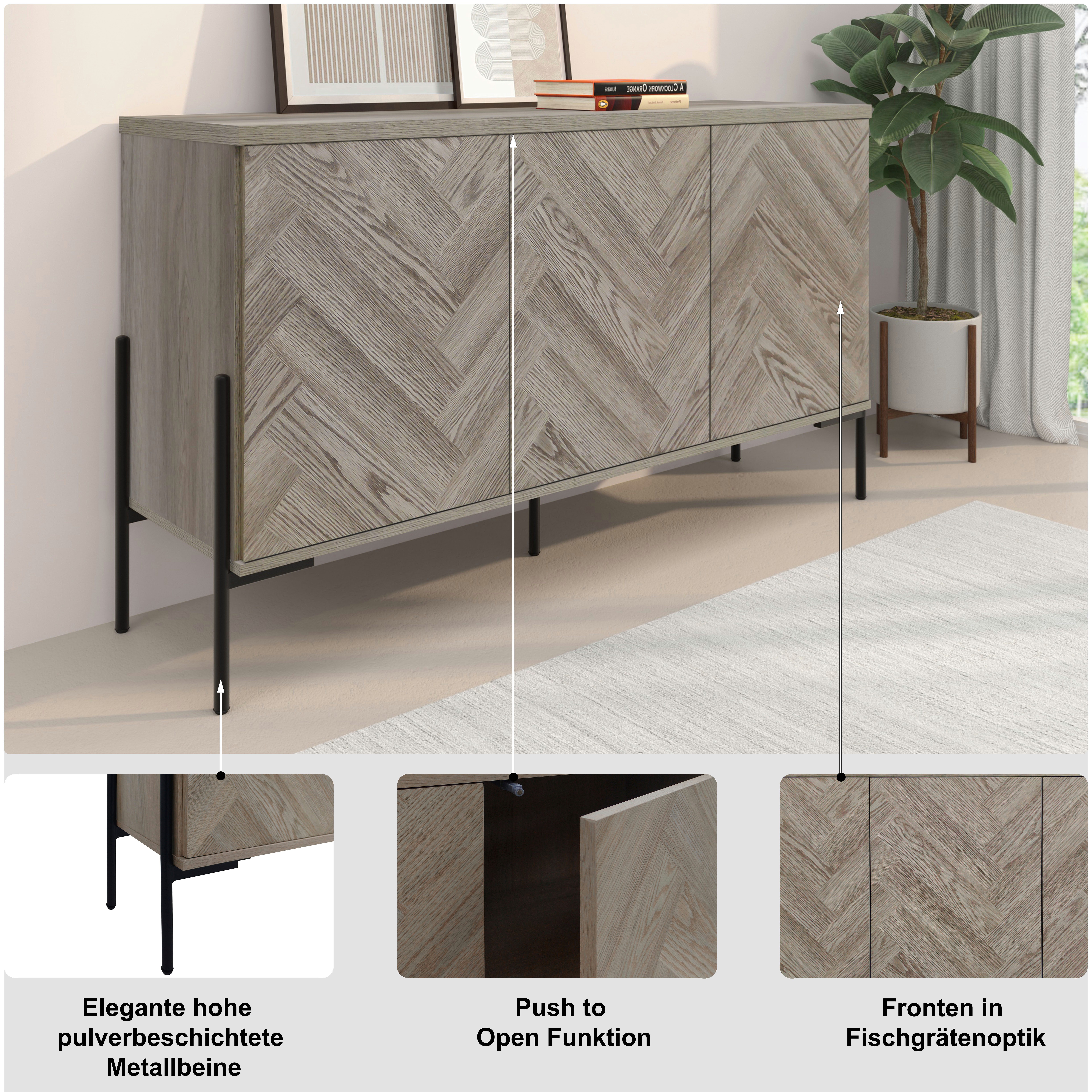 OTTO home Sideboard Eadwine, Kommode, Push-to-open, Türen mit Fischgräten Muster, Breite 130 cm