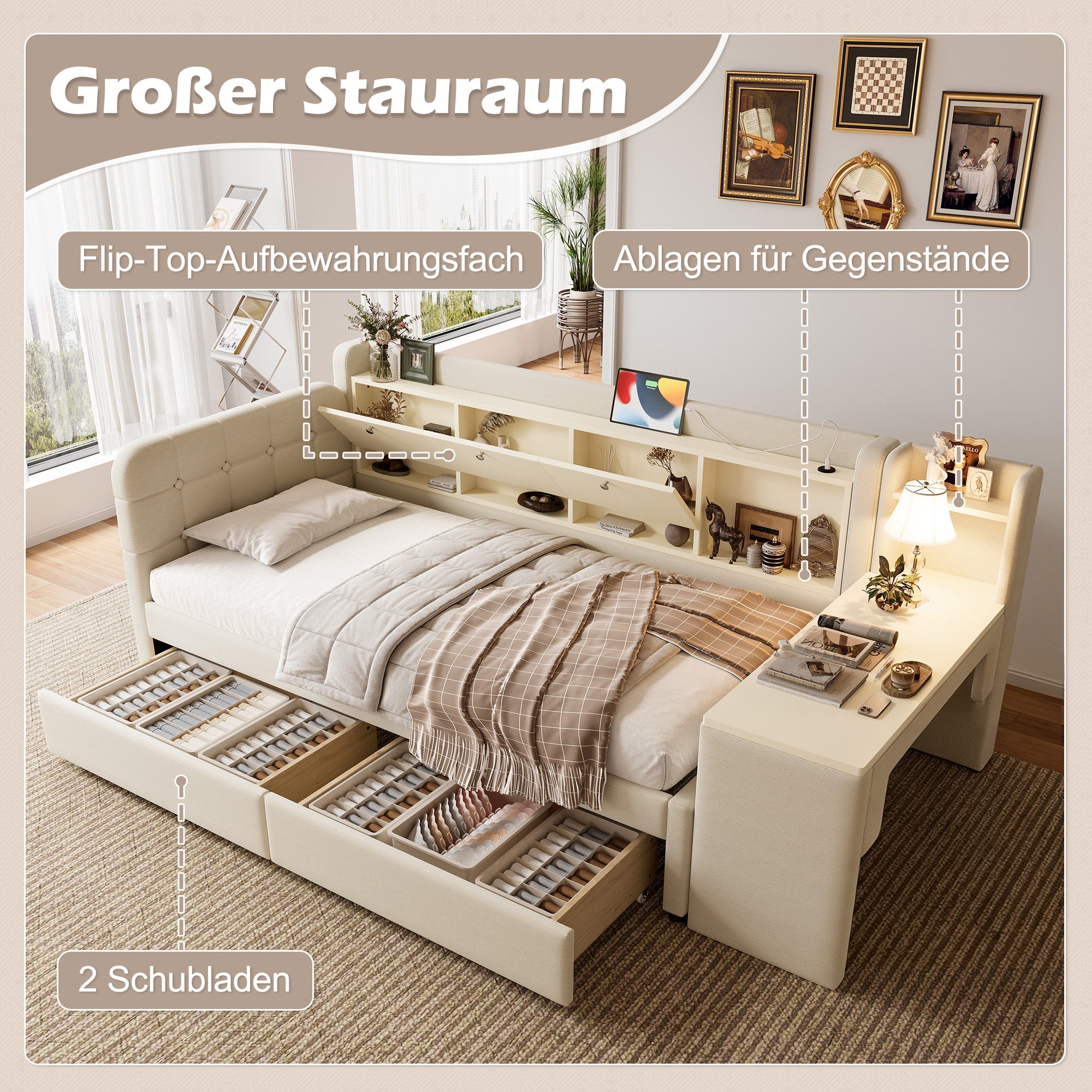 SOFTWEARY Stauraumbett mit Schreibtisch (90x200 cm, Lattenrost, Regal, Schubladen, USB und Type-C Anschluss), Einzelbett, Polsterbett, Leinen – Bild 5 von 5