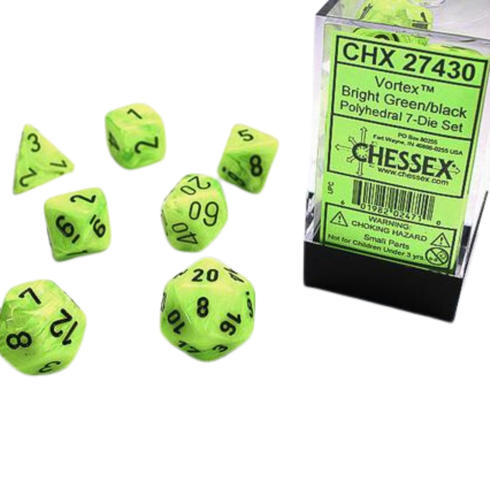 Spiel Chessex Vortex Bright Green w/black Signature Polyhedral 7-Würfelset