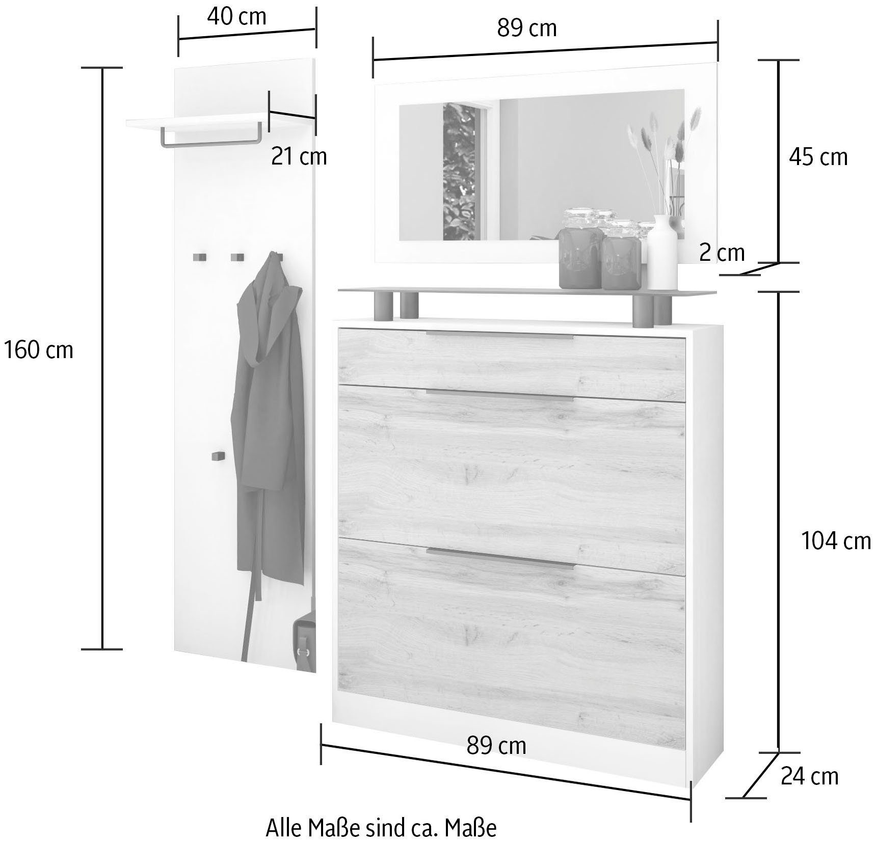 (3-St), stehend vintage/graphit borchardt Schuhschrank eichefarben Garderoben-Set Möbel Tom,