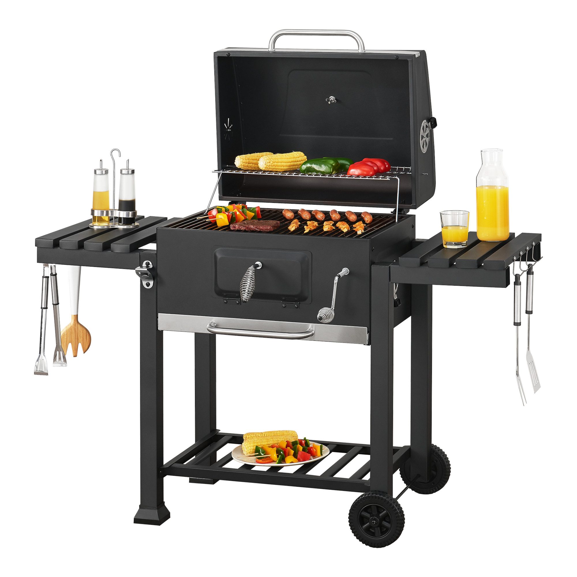 casa.pro Holzkohlegrill, »Arnad« Grillwagen mit klappbaren Ablagen 105x135x47,5cm Schwarz