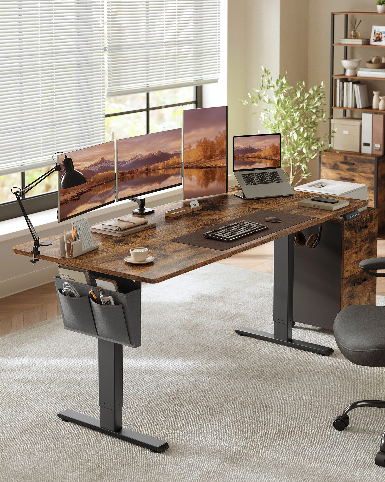 SONGMICS Schreibtisch Höhenverstellbarer elektrisch, 100/120/140/160/180 cm, USB-C-Anschluss, Memory-Funktion für 4 Höhen, mit Stoff-Organizer