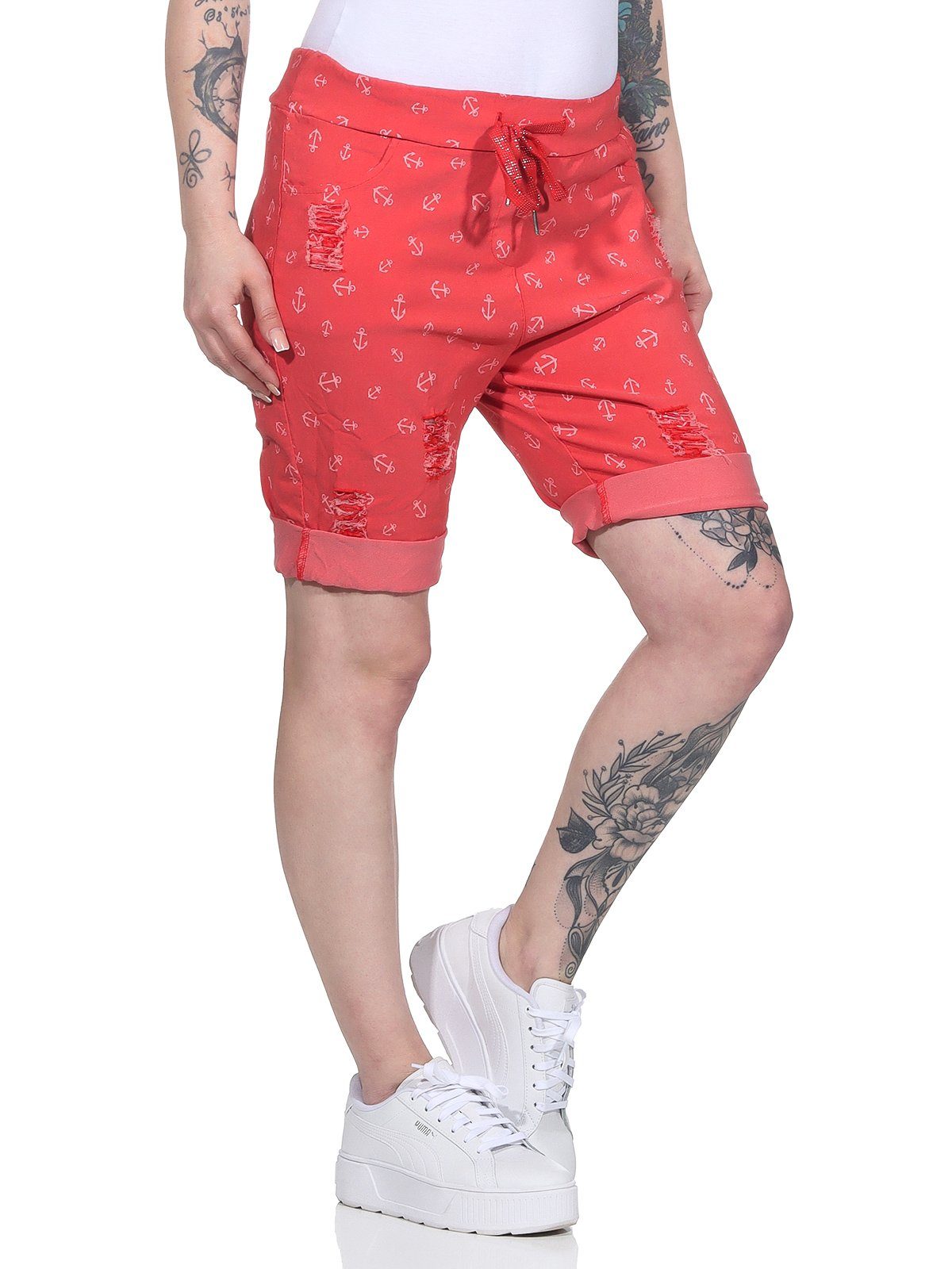 Aurela Damenmode Chinoshorts Kurze Damen Hose Sommer Chino maritime Bermuda moderne Knitteroptik, Vintage, mit Gummibung & Kordelzug