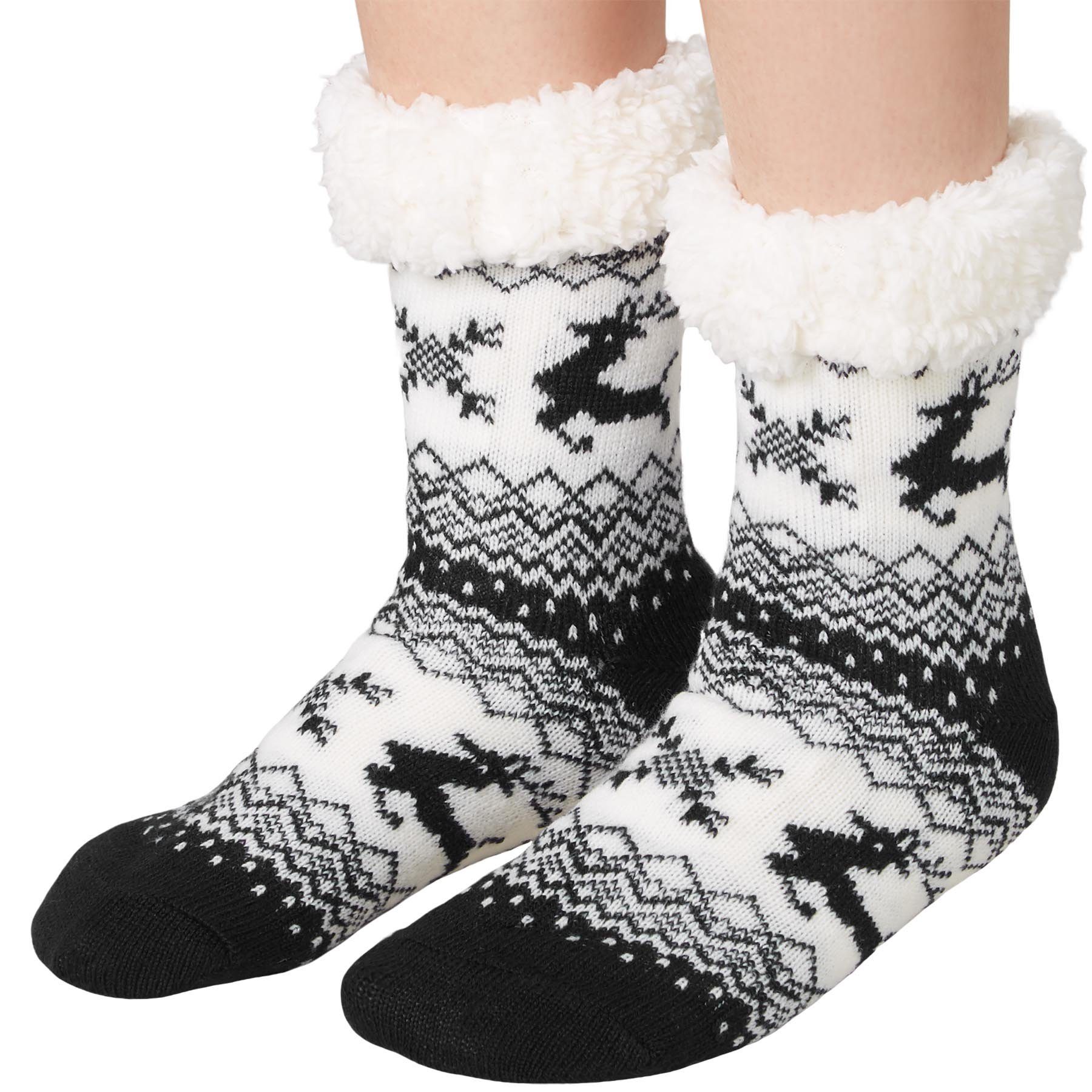 dressforfun Kuschelsocken Flauschsocken, Dickes Innenfutter und breiter Rand aus Plüsch (Haussocken, Konfektionsgröße 0 in schwarz/weiß) Atmungsaktiv & klimaregulierend, Rentier-Motive mit nordischen Mustern
