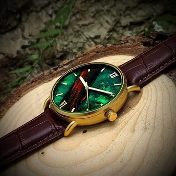 Holzwerk Quarzuhr SEINFELD Epoxidharz Edelstahl & Leder Uhr in gold, braun und grün